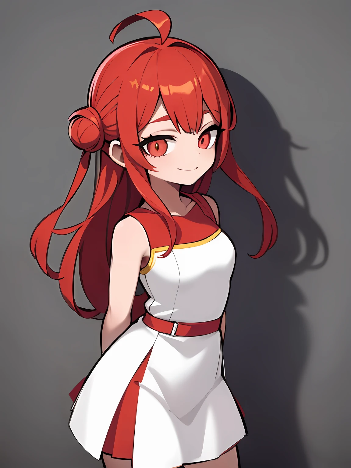 ((obra-prima, melhor qualidade)), (1girl), (solo), (foco feminino), (ahoge, red hair, cabelo longo), olhos vermelhos, sorriso leve, boca aberta, ((Vestido vermelho)), ((vestido curto)), standingn, fundo vermelho, arms behind back, dinamic angle