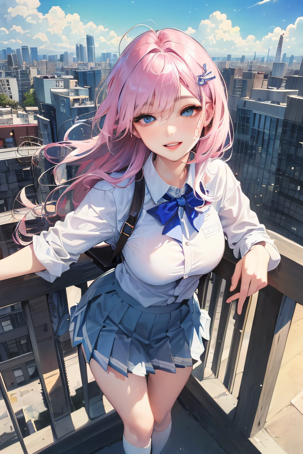 official art, masterpiece, sharp focus, (beautiful gorgeous cute Korean woman:1.3), (beautiful cute korean:1.3), korean beauty, Delicate and beautiful hair and eyes and face, realistic, ultra detailed, beautiful girl, blue sky, glow white particle, (sidelighting:1.2), sun light, white cloud, detailed clouds, slender, Lovely very large breasts and very large hips, smile with teeth, ((smile with eyes, open both eyes)), scenery, long straight hair, sexy facial expression, building, (cityscape:1.7), dynamic hair, long straight hair, detailed platinum pink hair, glow blue eyes, (blue pleated shirts + white skirt), white long socks, pale skin, hair ornament, epic scenery,