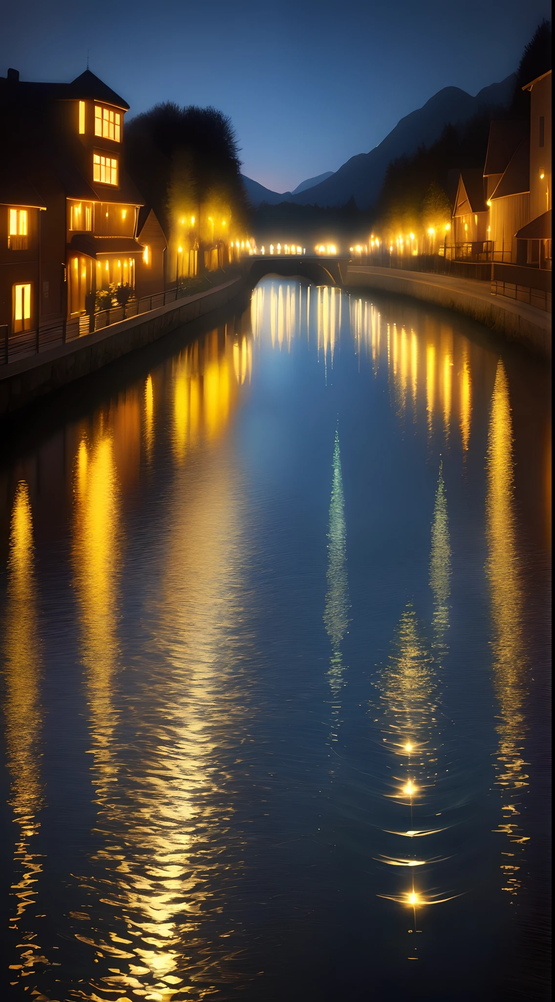 Images of twinkling lights reflecting water.
