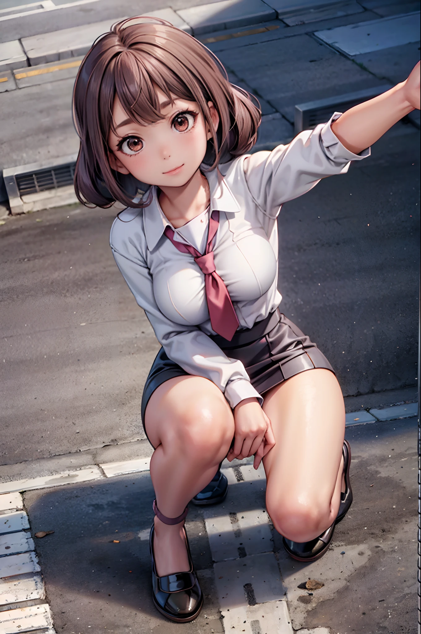 masterpiece, best quality,1girl,young girl,brown eyes,drill hair,happy smile,shiny skin,(nice leg line:1.3),thin waist,huge breasts
BREAK
school uniform,necktie,((pencil skirt)),flat shoes
BREAK
street,crowd,depth of field,looking at viewer,squatting,from above,upper body,legsupsexms