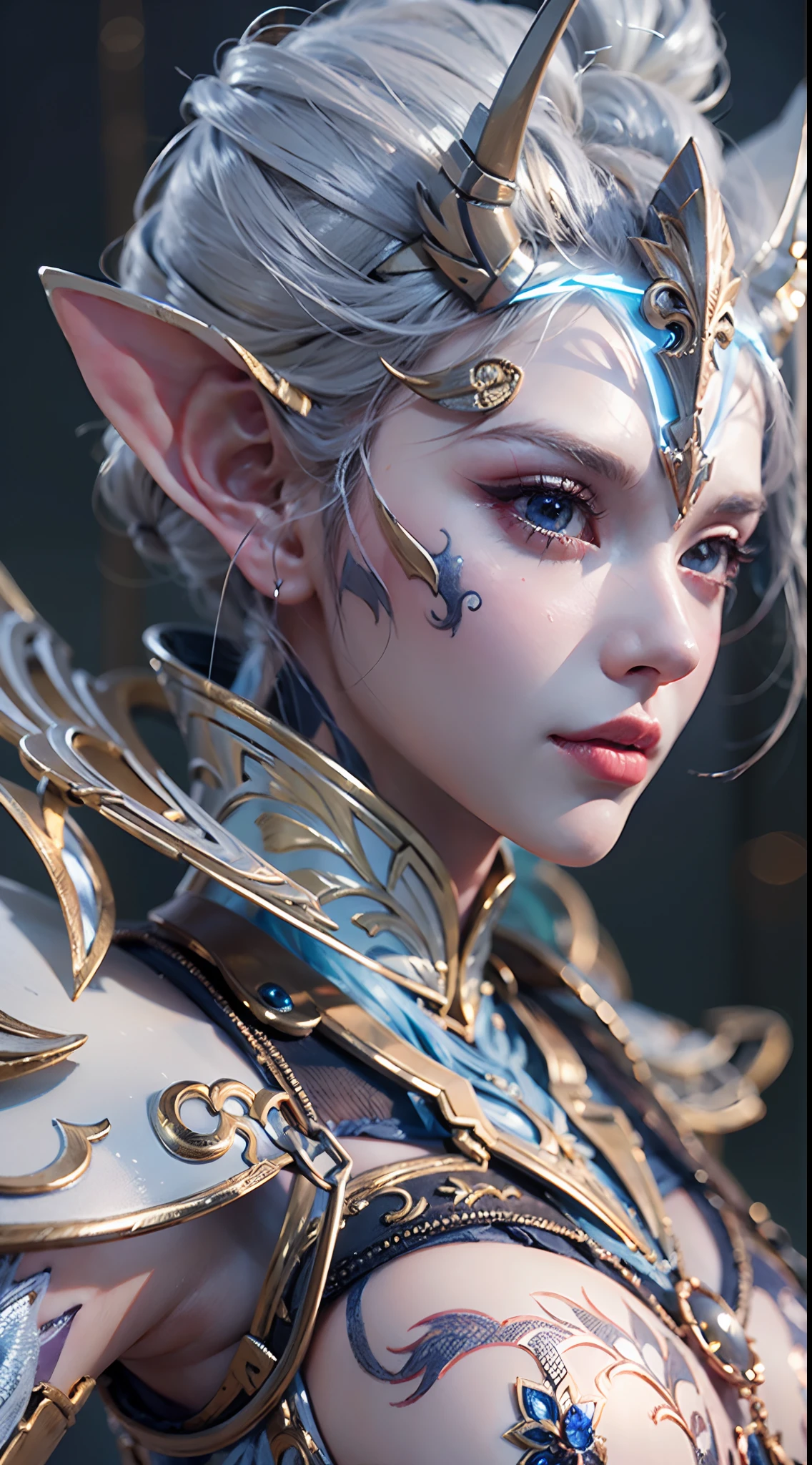 Close-up de uma garota com uma espada, personagem de fantasia ultra-detalhado, intrincado lindo estilo CGI anime, female demon suitable for white horns, fantasia de detalhe 4K, Iconic character of high detail, handsome biomechanical elf, personagem de fantasia complexa, High detail and very sharp and intricate art. octan render, 3D rendering 8K character art, corpo inteiro