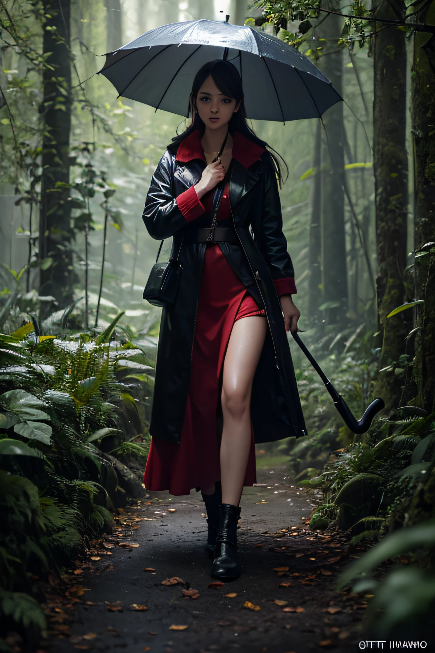(8K), (Best Quality: 1.2), Best Masterpiece, (Realistic), (Photorealistic: 1.37), Ultra High Definition, 1 Girl, Full Body, With Umbrella, Detailed Eyes, , Beautiful Details, Fine Details, Pretty Nose , Full Body, Wet Hair, Large, Red Jacket, in a jungle, in heavy rain, monochromatic, vines everywhere, giant wet trees, masterpiece, best quality, high quality, extremely detailed unit CG, award winning photography, depth of field, HDR, bloom, chromatic aberration, photorealistic, extremely detailed, trending on artstation, trending on CGsociety, intricate, high detail, dramatic, midway art, volumetric lighting
