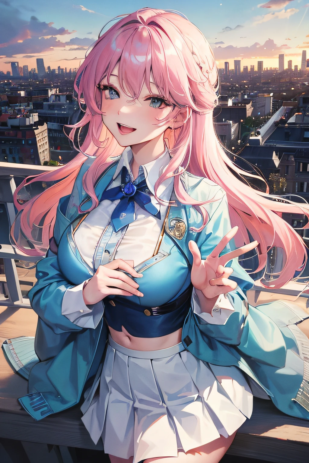 Official fine art,tmasterpiece,Sharp focus,(Beautiful gorgeous lovely Korean women:1.3),(beautiful lovely Korean people:1.3),South Korean beauties,Delicate and beautiful hair and eyes and face,realisticlying,ultra - detailed,a beauty girl,blue-sky,Glowing white particles,(sidelighting:1.2),rays of sunshine,baiyun,Detailed clouds,Slender,Cute big breasts and big buttocks,Toothy laughter,((Laugh and open your eyes)),scenecy,Long straight hair, sexy facial expression, buliding, (cityscape:1.7), Dynamic hair, Long straight hair, Delicate platinum-pink hair, glow blue eyes, (blue pleated shirt+white skirt), long white socks, paleskin, hair adornments, epic landscapes, A few more