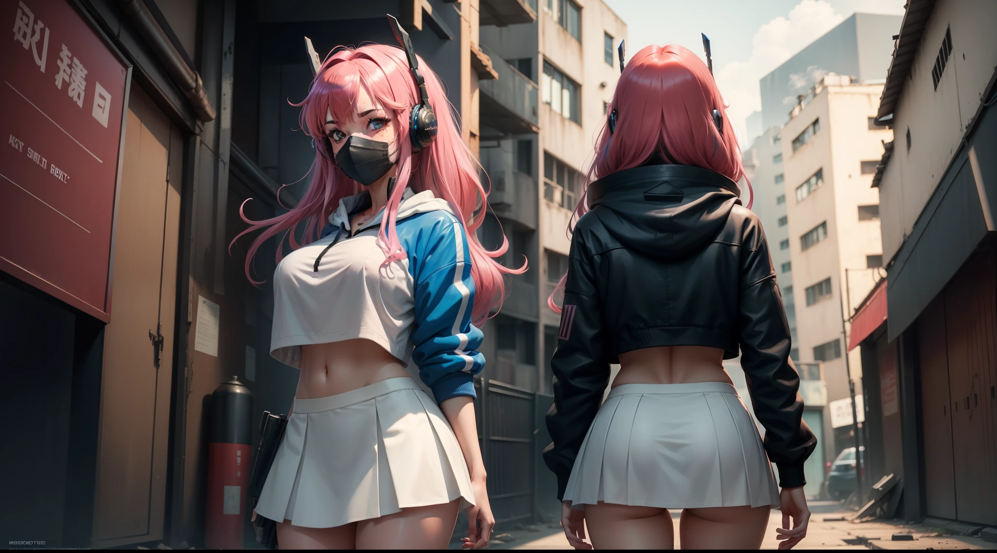 {detailed 8k wallpaper},{In a dilapidated alley},{{{{{girl focus,A girl,multicolored hoodie,mouth mask,ahoge,crystal pink_hair,large breast,super long hair,glowing eyes,blue_eyes}}}}},{{{cyberpunk,Sci-fi city, kowloon}}},{{detailed background}},{{intricate detail}},{finely detailed},{highres},{Red light,Blue light,Purple light},petite skirt, white transparent panties,{{behind-the-head headphones}},