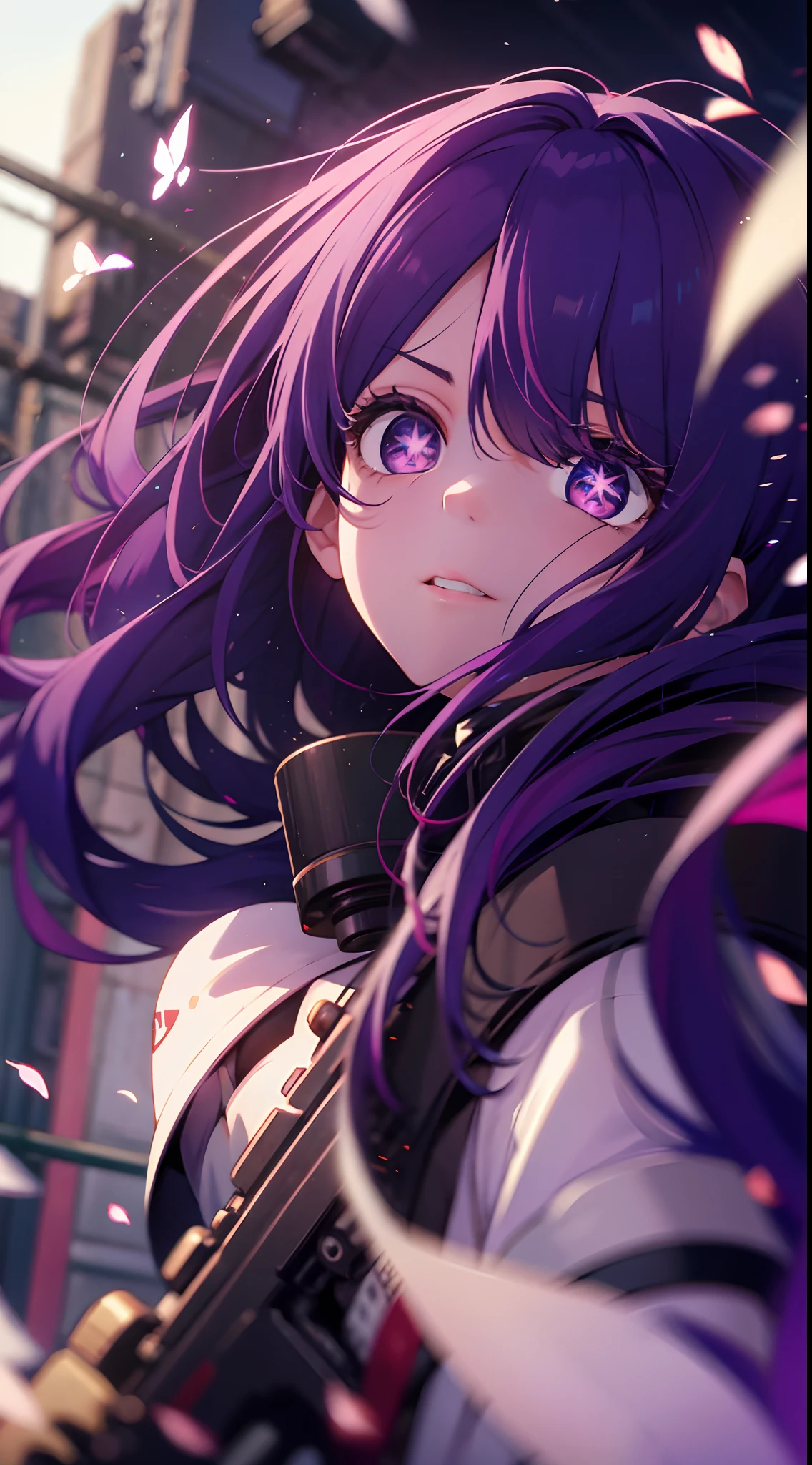Looking up, Purple hair, Purple eyes, Shining eyes, sniper gun, Long hair fluttering in the wind, Perfectcomposition, 8K