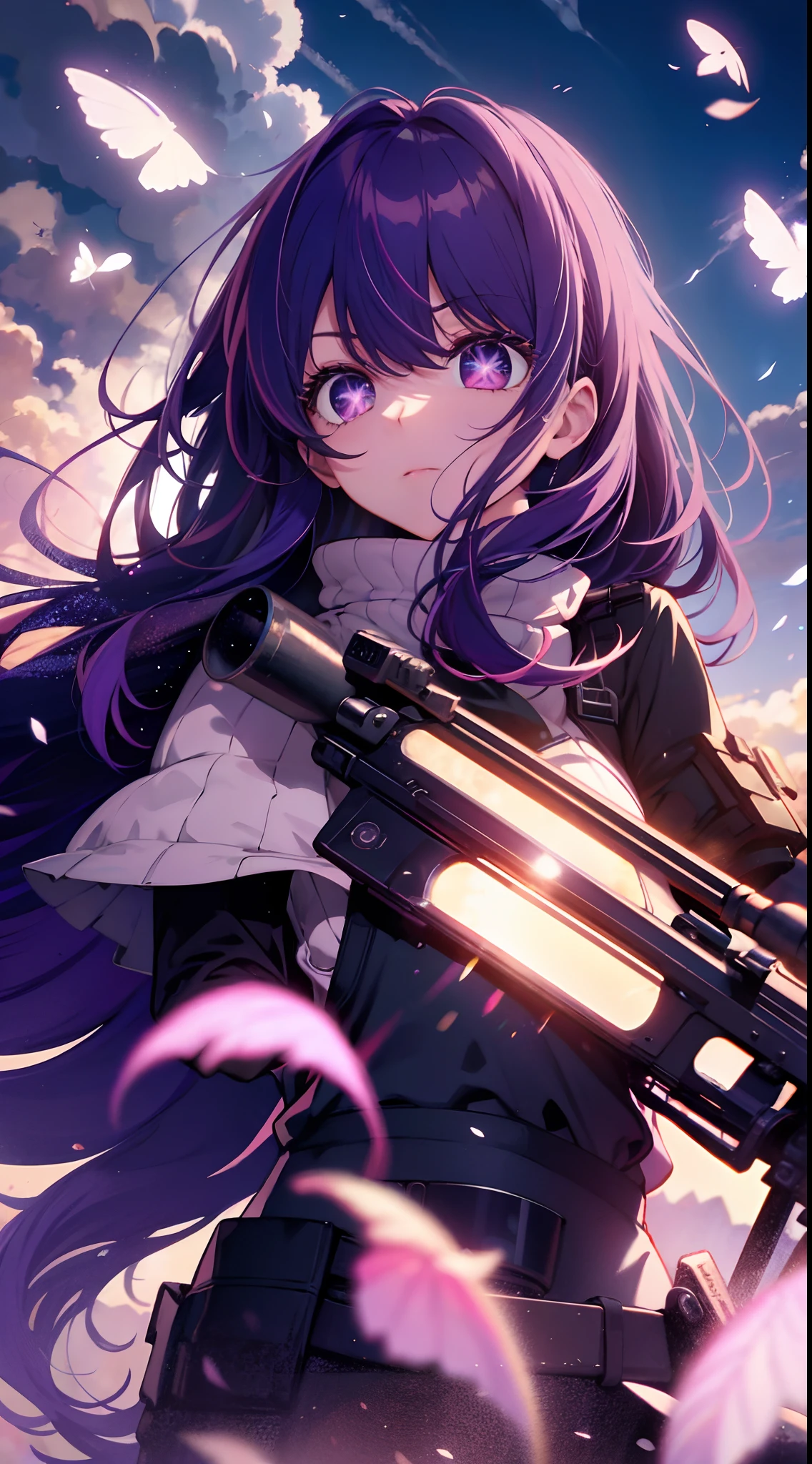 Looking up, Purple hair, Purple eyes, Shining eyes, sniper gun, Long hair fluttering in the wind, Perfectcomposition, 8K