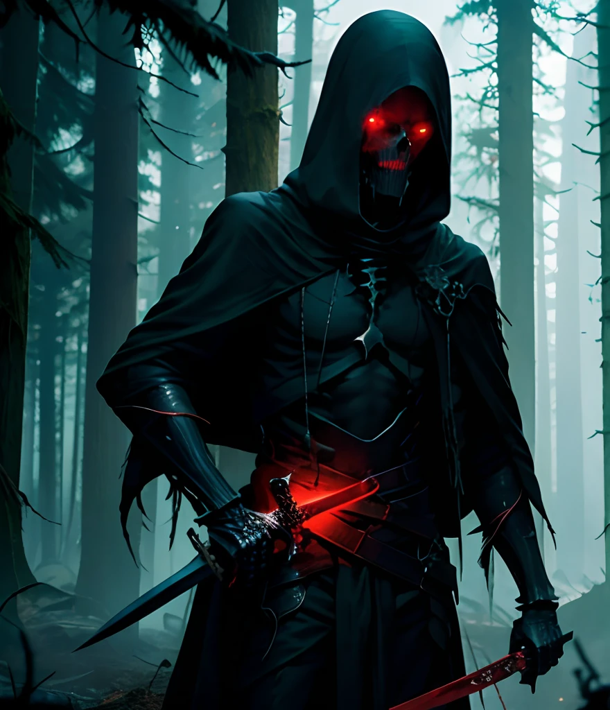 Dark black skeleton of long bones with a black coat and bright red eyes holding a long sword with blood dripping from its blade in a dark forest at night with a great mist, Escuro, assustador, fantasia de terror. With a blur face, no face, blur in face