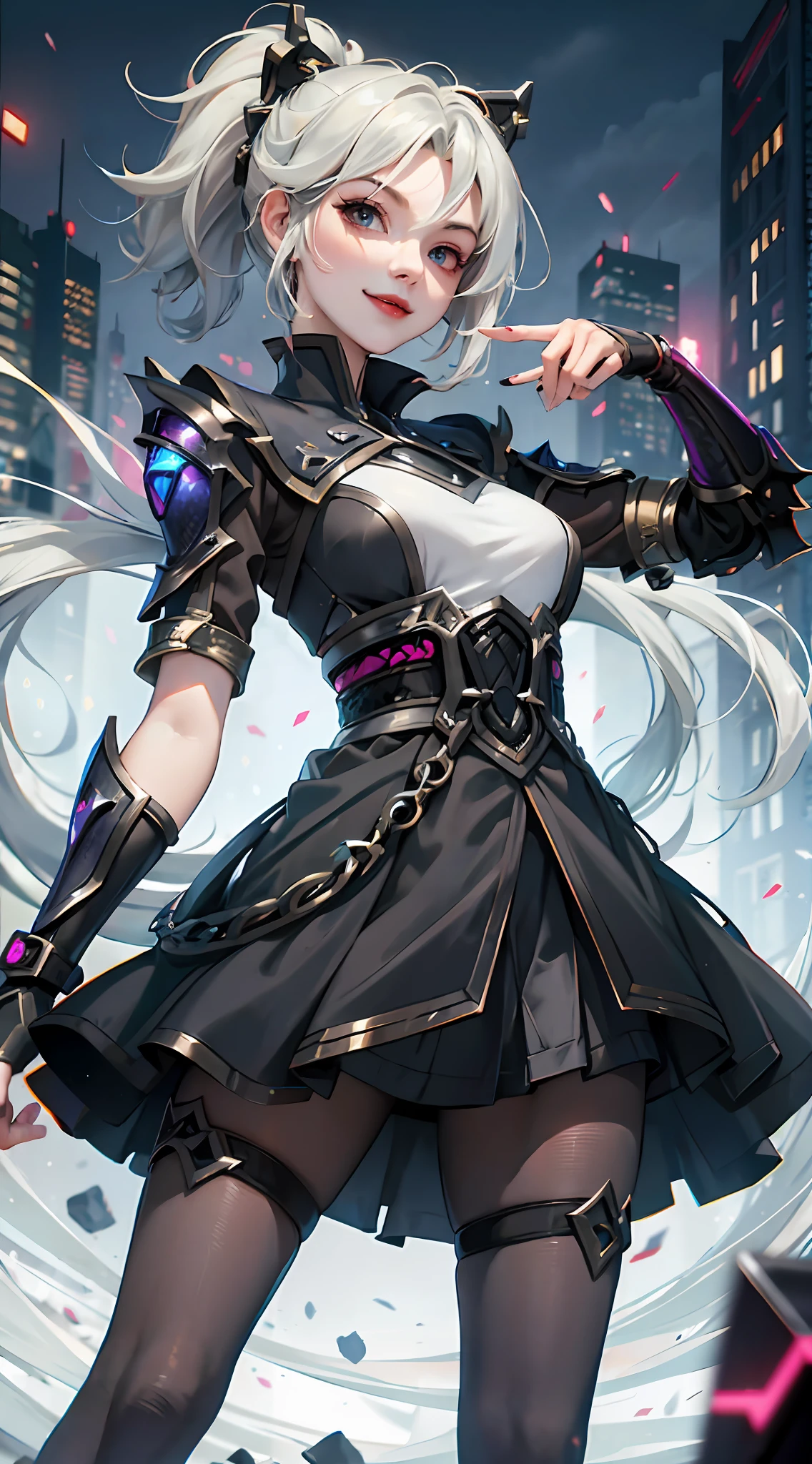 League of Legends, Zoe, 1 Girl, Heterochromia, Heterochromia, Short Skirt, Black Dress, Pantyhose, Very Long Hair, Fingerless Gloves, Smile, Shut Up, Upper Body, Porter Qualities, Short Stature, Cyberpunk, Hanbok