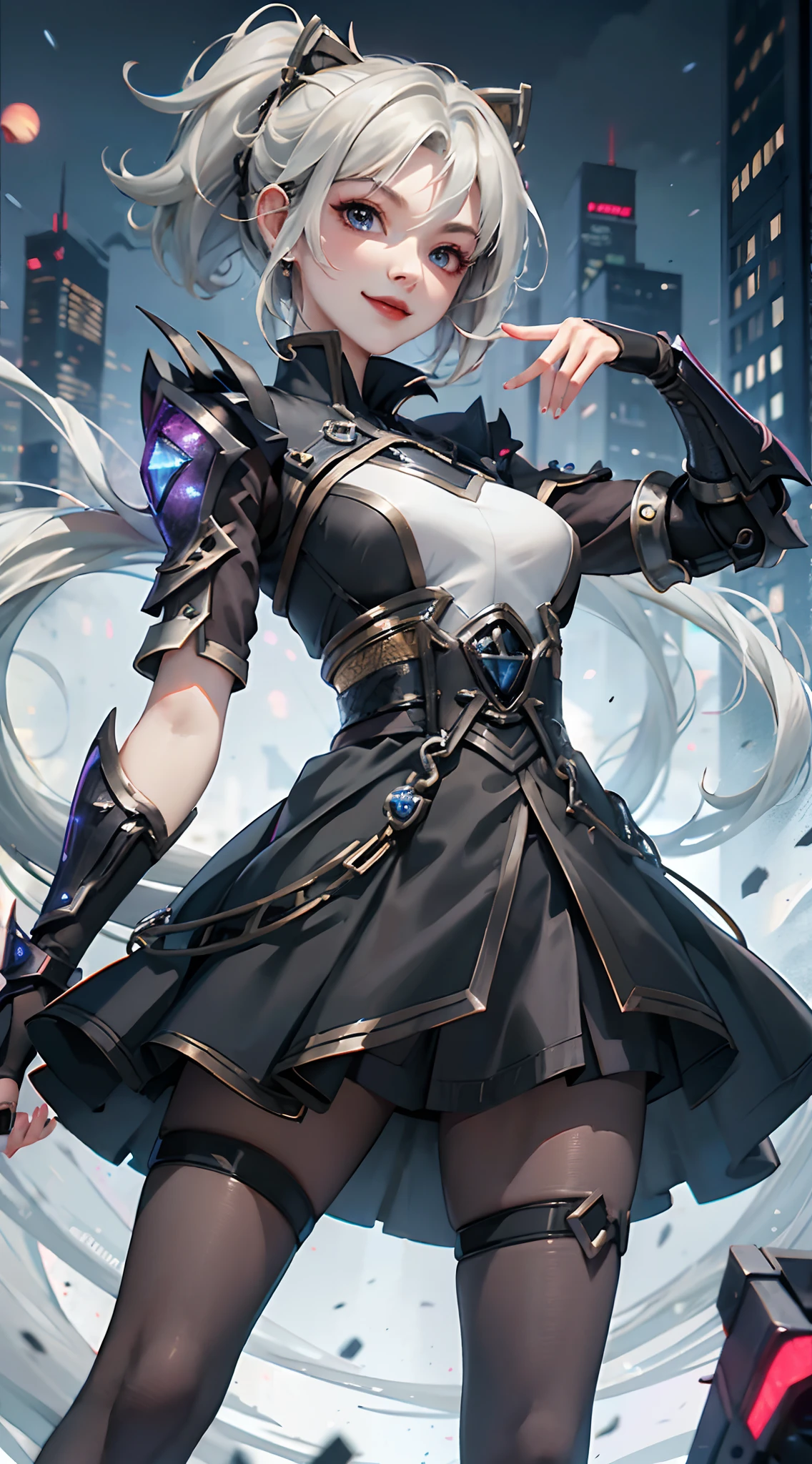 League of Legends, Zoe, 1 Girl, Heterochromia, Heterochromia, Short Skirt, Black Dress, Pantyhose, Very Long Hair, Fingerless Gloves, Smile, Shut Up, Upper Body, Porter Qualities, Short Stature, Cyberpunk, Hanbok