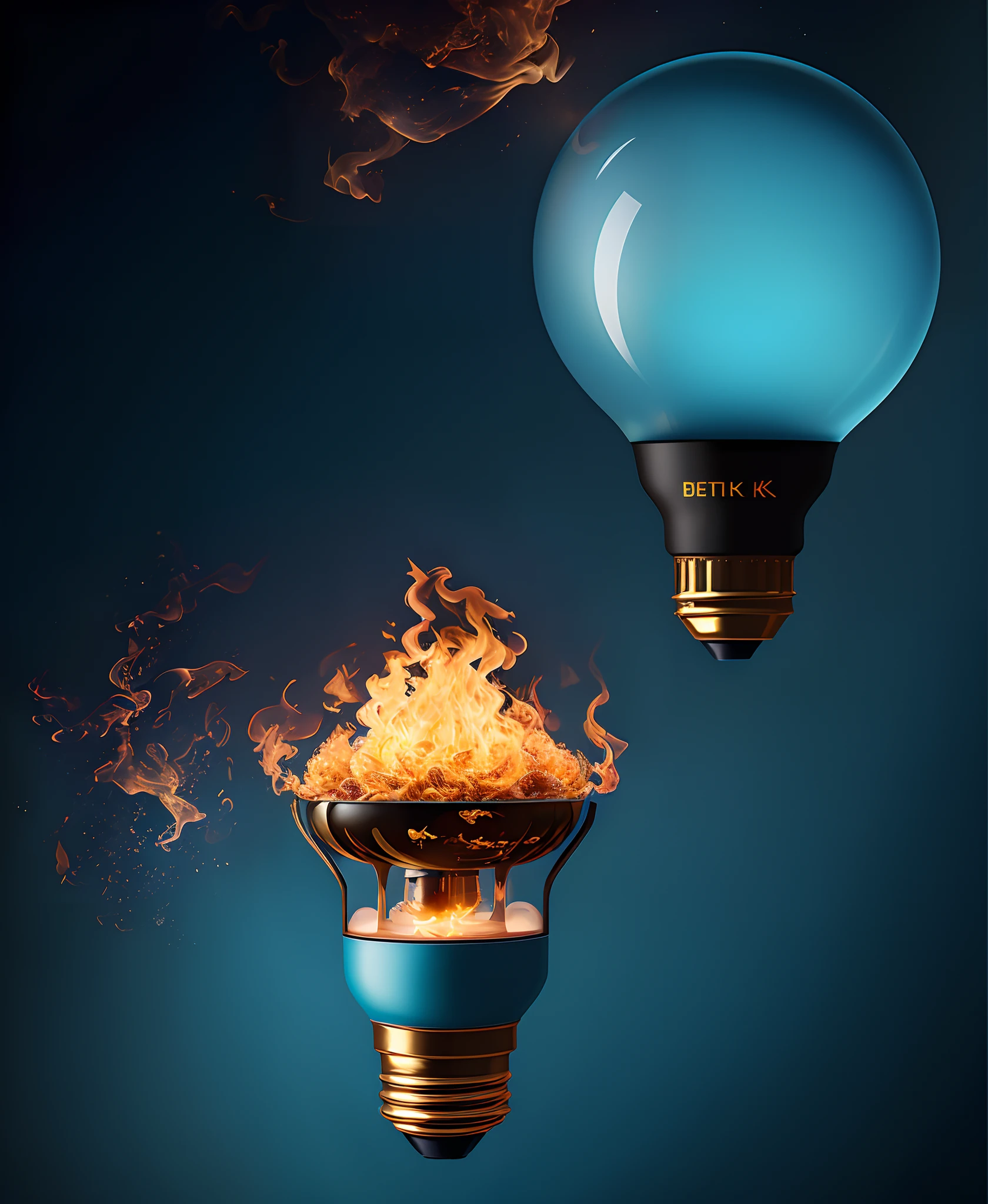 Create an image of an ultra realistic 4K bulb, com detalhes em azul turquesa, with technological background catching fire, cinematic image rich in detail