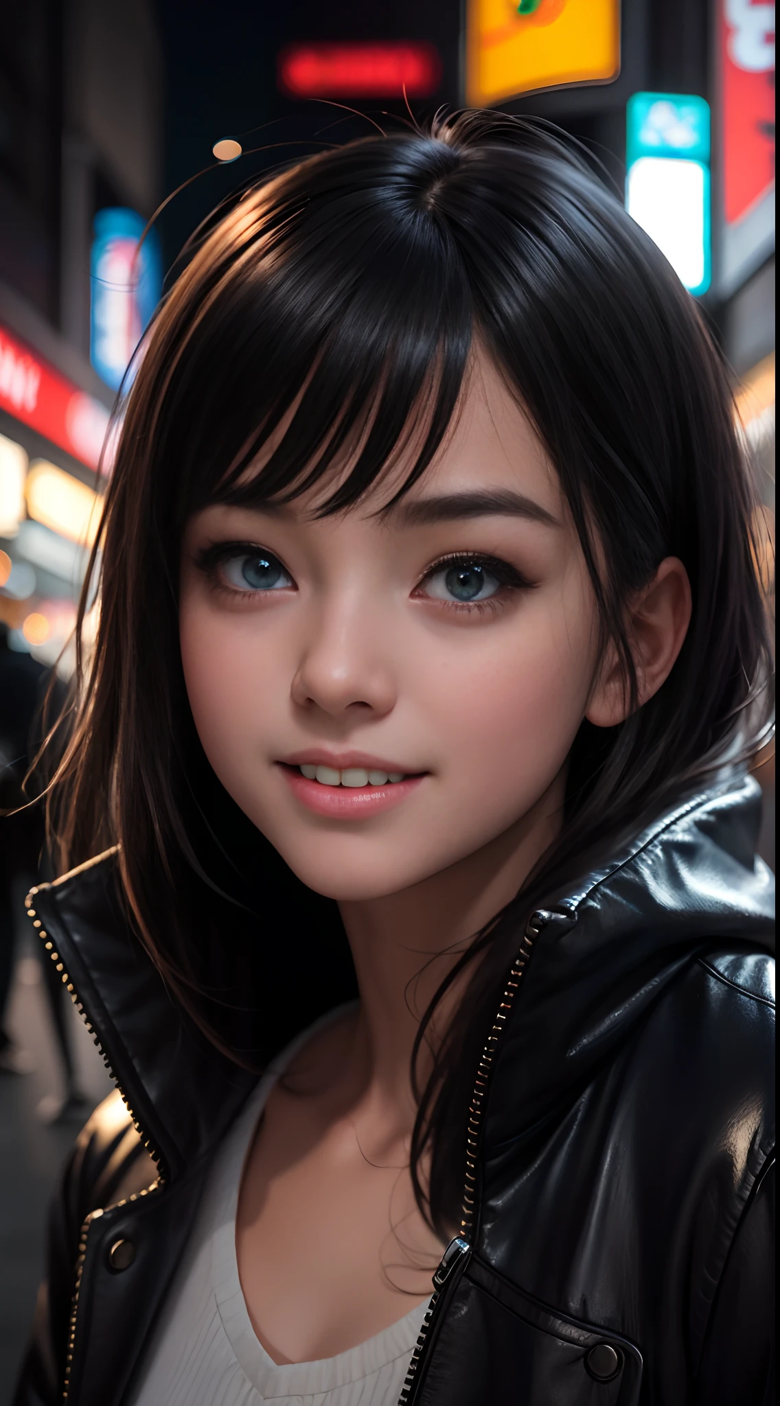 masterpiece, best quality, half body, portrait, night city, 1girl, anime, 3D, Japan, pixar, realistic, girl, smiling, cute face, harajuku fashion style, rain coat, beautiful, colourful, neon lights, cyberpunk, smooth skin, illustration, artstation, painting by stanley artgerm lau, sideways glance, foreshortening, extremely detailed 8K, smooth, high resolution, ultra quality, highly detail eyes, highly detail mouth, highly detailed face, perfect eyes, both eyes are the same, true light, glare, Iridescent, Global illumination, real hair movement, real light, real shadow, real face, hd, 2k, 4k, 8k, 16k, realistic light, realistic shadow, bright Eyes, fluorescent eyes, soft light, dream light