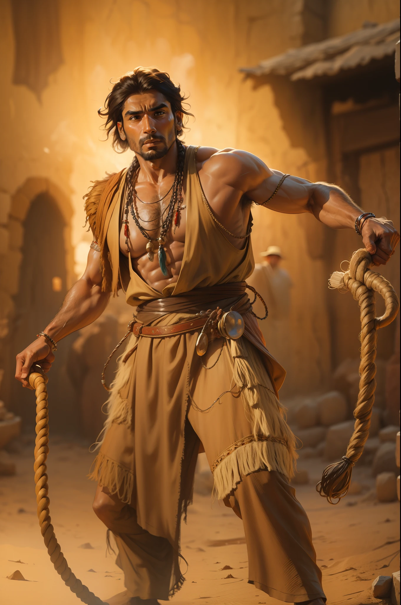 A gypsy brown man in traditional gypsy robes holding a whip in a tense scenario, indiana jones