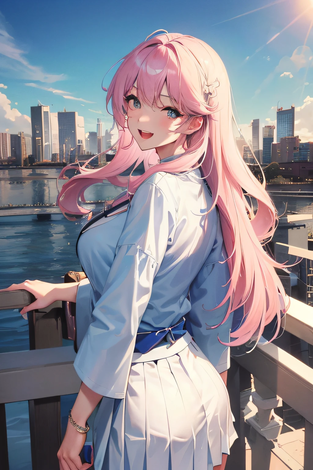 Official fine art，tmasterpiece，Sharp focus，（Beautiful gorgeous lovely Korean women：1.3），（beautiful lovely Korean people：1.3），South Korean beauties，Delicate and beautiful hair and eyes and face，realisticlying，ultra - detailed，a beauty girl，blue-sky，Glowing white particles,(sidelighting:1.2),rays of sunshine,baiyun,Detailed clouds,Slender,Cute big breasts and big buttocks,Toothy laughter,((Laugh and open your eyes)),scenecy,Long straight hair, sexy facial expression, buliding, (cityscape:1.7), Dynamic hair, Long straight hair, Delicate platinum-pink hair, glow blue eyes, (blue pleated shirt+white  skirt), long white socks, paleskin, hair adornments, epic landscapes, A few more