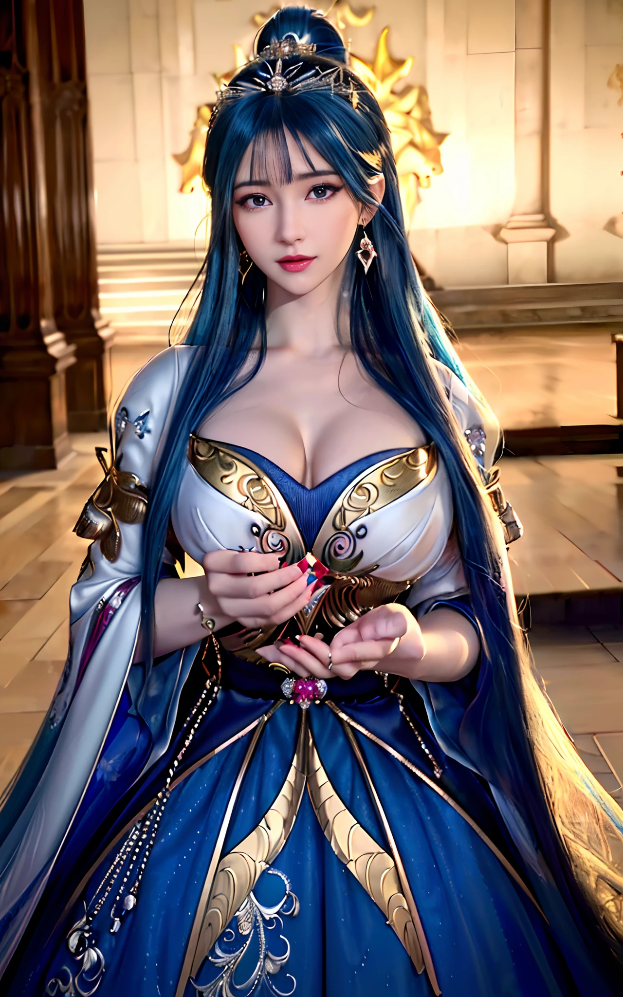 ((realisticity: 1.2)), ((realistic: 8K UHD)), ((best resolution: 8K UHD)), hyper detailed, best quality,masterpiece,highres,cg, ((1 girl hyper detailed and hyper realistic) ) , ((beautiful queen, hyper realistic and hyper detailed)),((white skin, beautiful, smooth, youthful, hyper realistic and hyper detailed )), ((Face hyper beautiful, white, hyper realistic and hyper detailed ) ), long hair, ((hyper realistic and hyper detailed dress)), solo, ((hyper realistic, hyper beautiful, beautiful and hyper detailed jewelry)), ((hyper beautiful deep red and golden yellow dress, hyper realistic and hyper detailed )) , ((Her pretty, hyper realistic, hyper detailed diamond filled earrings)), ((Her gorgeous diamond haircut, hyper realistic and hyper detailed)), ((hyper pretty upper body, hyper beautiful, hyper realistic and hyper detailed) ), ((medium breast: 1.5)), ((hyper realistic, hyper pretty, hyper detailed boobs)),   ((the backgroun of the royal palace is hyper majestic, hyper realistic and hyper detailed)),((hands and palms hyper beautiful, hyper detailed, hyper realistic)), ((hyper pretty, hyper pretty, hyper realistic and hyper detailed hair bun)), ((hyper pretty , hyper realistic and hyper detailed blue hair)), candid, Photo, high resolution, 8k , bokeh,