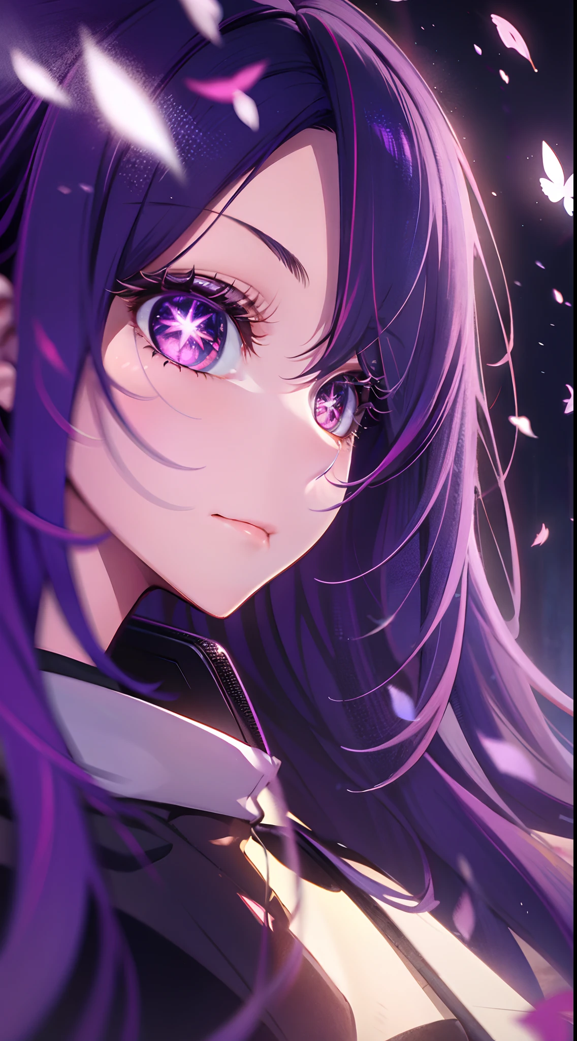 Looking up, Purple hair, Purple eyes, Shining eyes, sniper gun, Long hair fluttering in the wind, Perfectcomposition, 8K