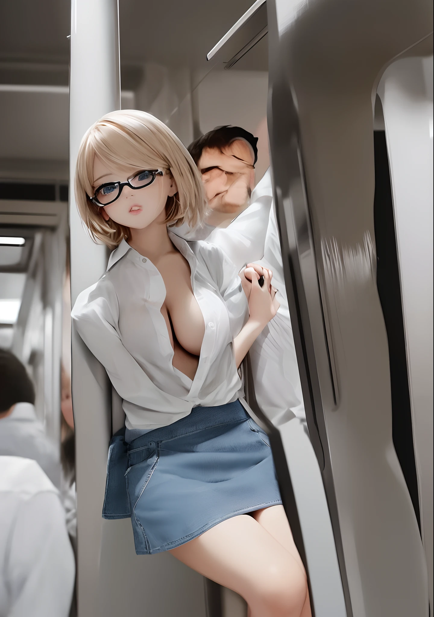 Crowded train, sexy girl with glasses, handsome man holding her from behind and talking in her ear, lifting her, white mini skirt swinging upwards, 40k, photography, masterpiece, best quality, dark gray background, (1girl blue eyes and blond hair soon curled with open legs), big breasts full open leg, (round swinging sexy mini skirt: 1.3),  (white open shirt: 1.3), older man leaning against her from behind picking her up, varied poses.