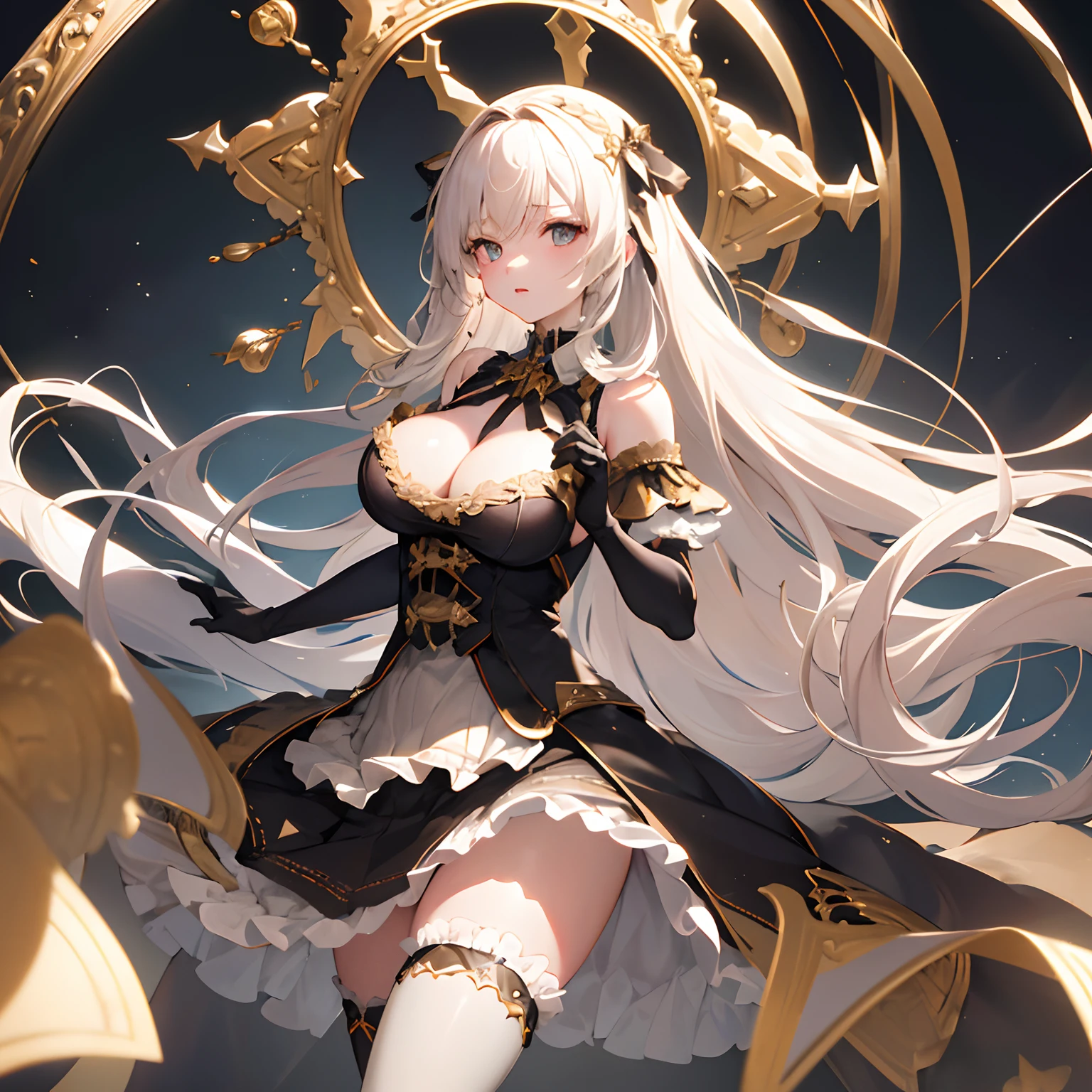 {{illustration}},{{{masterpiece}}},{{best quality}},{high resolution},((1 girl)), (long hair), ((huge_breasts)),upper body, hidden hands, Gothic lolita style ,fashion, boots, hair ornamen, gloves, (incredible absurdity), gilded frame,(detailed light),lighting, colorful, layered backgrounds, (gorgeous background), dynamic angle, reflected light, ray tracing, delicate background, (shine)