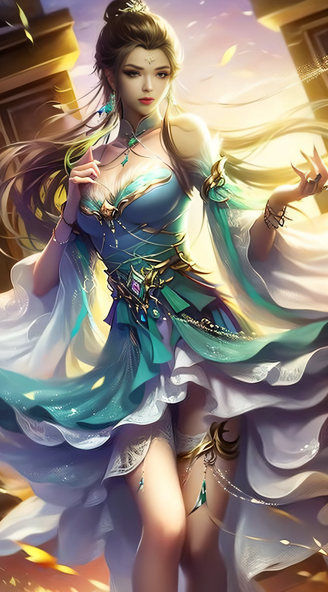 ((best qualtiy))，RAW photos，((tmasterpiece))，Need，超高分辨率，16k，Super clear picture quality，Wallpapers，realisticlying，Front lighting，Complicated details，Exquisitedetailsandtextures，1girll，独奏，Chinese architectural background，（年轻），full bodyesbian， highlights，((Super detailed  details))，Whitish skin，Black color hair，hair adornments，hair-bun，Seasonal hairstyles，耳 Ring，looking at viewert，largeeyes，prette，Sweet，Pure desire ceiling，Hanfu，show legs，（Breast enlargement：C cup），slimfigure，Chinese courtyard，Beautiful surroundings，best illuminate，softlighting，Vivid and bright，Graphics card rendering