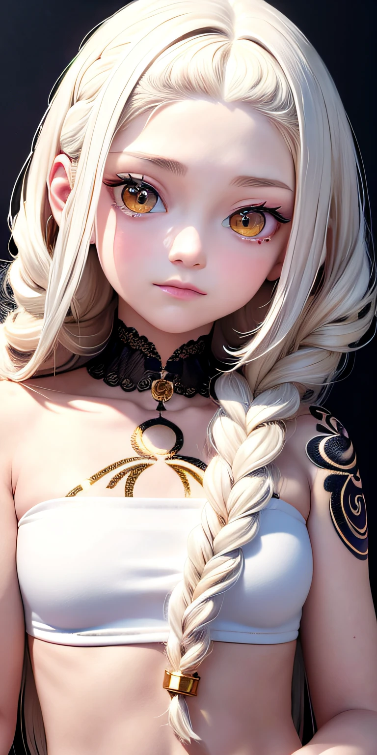 Need,tmasterpiece,whaite hair,Golden eyes,White yarn,face,The upper part of the body,Hairline,Fair skin,SideBraid，Tattooed with，8K，high qulity，pixar-style