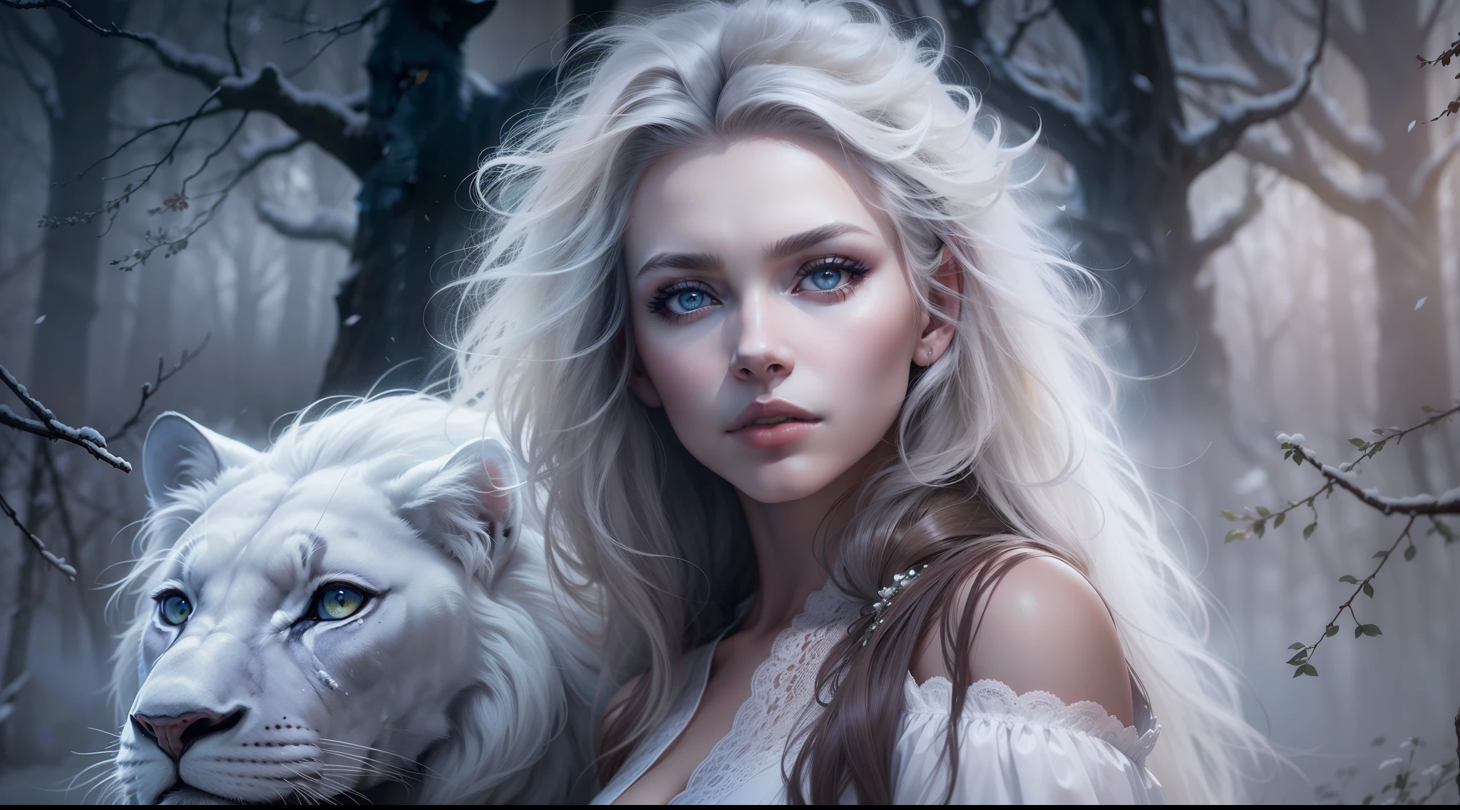 Dark and magical night, magic mist, Beautiful and beautiful woman next to a white lion, estilo de capa de filme, similar to actress Lauren German, Realistic, white lion next to German Lauren, mulher nova de 24 anos, magical effect, arte crua, best quality, foco nos detalhes, Lauren German, vestido de casaco, olhos azuis, longos cabelos brancos de neve, Fundo de imagem de floresta escura, estilo de capa de filme, que caminha na floresta nevada, Woman and Lion.