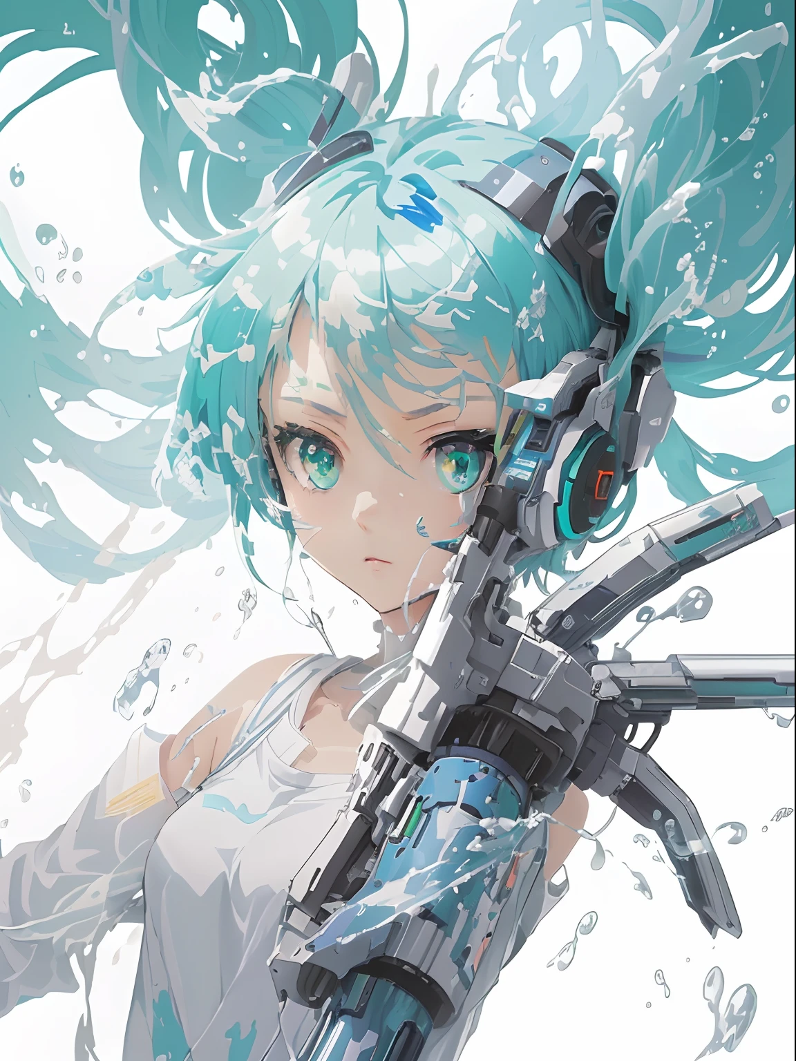 Anime girl with blue hair and green eyes holding a gun, best anime 4k konachan wallpaper, anime robotic mixed with organic, Anime girl with teal hair, Detailed Digital Anime Art, character is covered in liquid, advanced digital anime art, clean detailed anime art, anime style 4 k, Detailed anime artwork, 4 k manga wallpaper, digital anime art