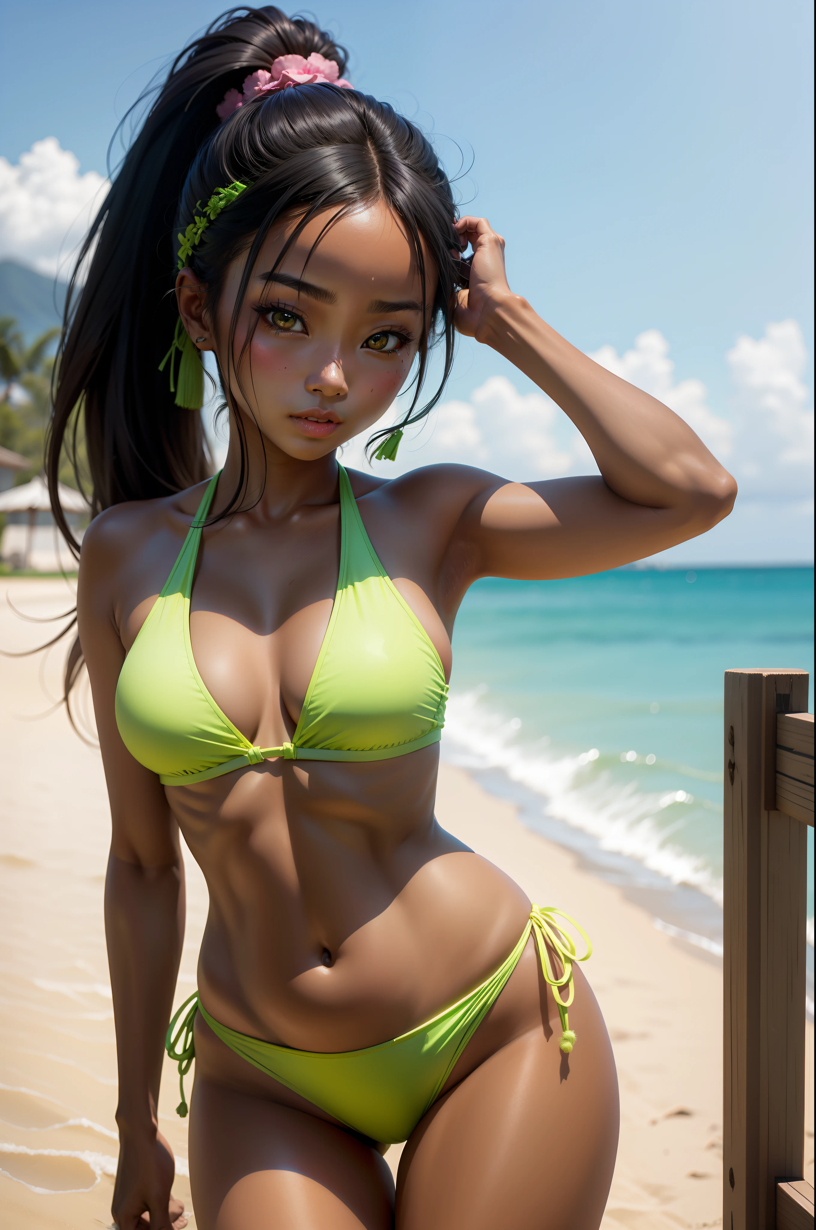 Dark skin double ponytail Japanese beautiful girl wearing bright green bikini