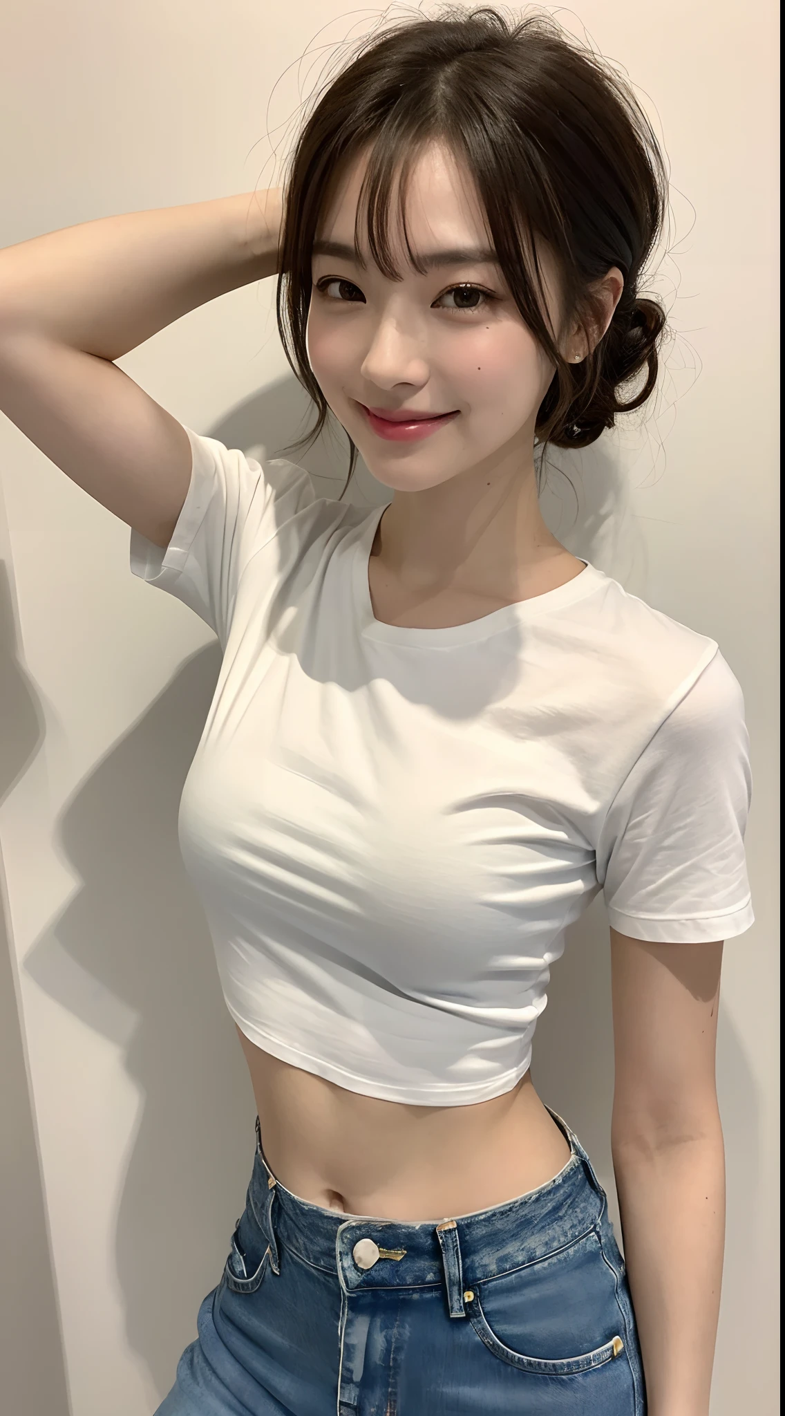 ((Best picture quality, 8K, tmasterpiece:1.3)), 1girll, Beautiful woman with slender abs:1.3, (Casual hairstyle, Tight white short sleeves，denim short), Ultra-fine face, A detailed eye, 二重まぶた，ssmile，城市
