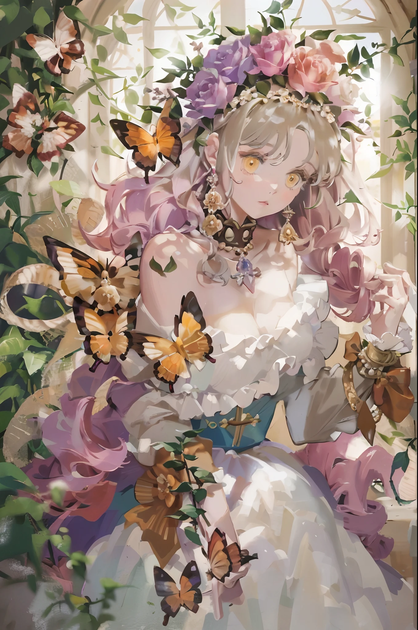 Flying butterflies，Fluttering petals，Fluttering hair，softlighting，soft focus，Hazy picture，Huge stained windows，The windows are transparent，1girll，Golden birdcage，Thorny vines，Red butterfly，mitts，（very intricate），Exquisite，Complex hairstyles，long  skirt，RococoStyle，Bow knot，Cross straps，Gorgeous dress，Large skirt，frilld，Love decoration，（Elegant vintage clothing design），rosette，whaite hair，long  white hair，The brightness of the picture is high，Low contrast，The overall feeling is like an oil painting，trpical garden，Close-up，Close-up Shot Shot，Pedras preciosas，jewelled headdress，pearls necklace