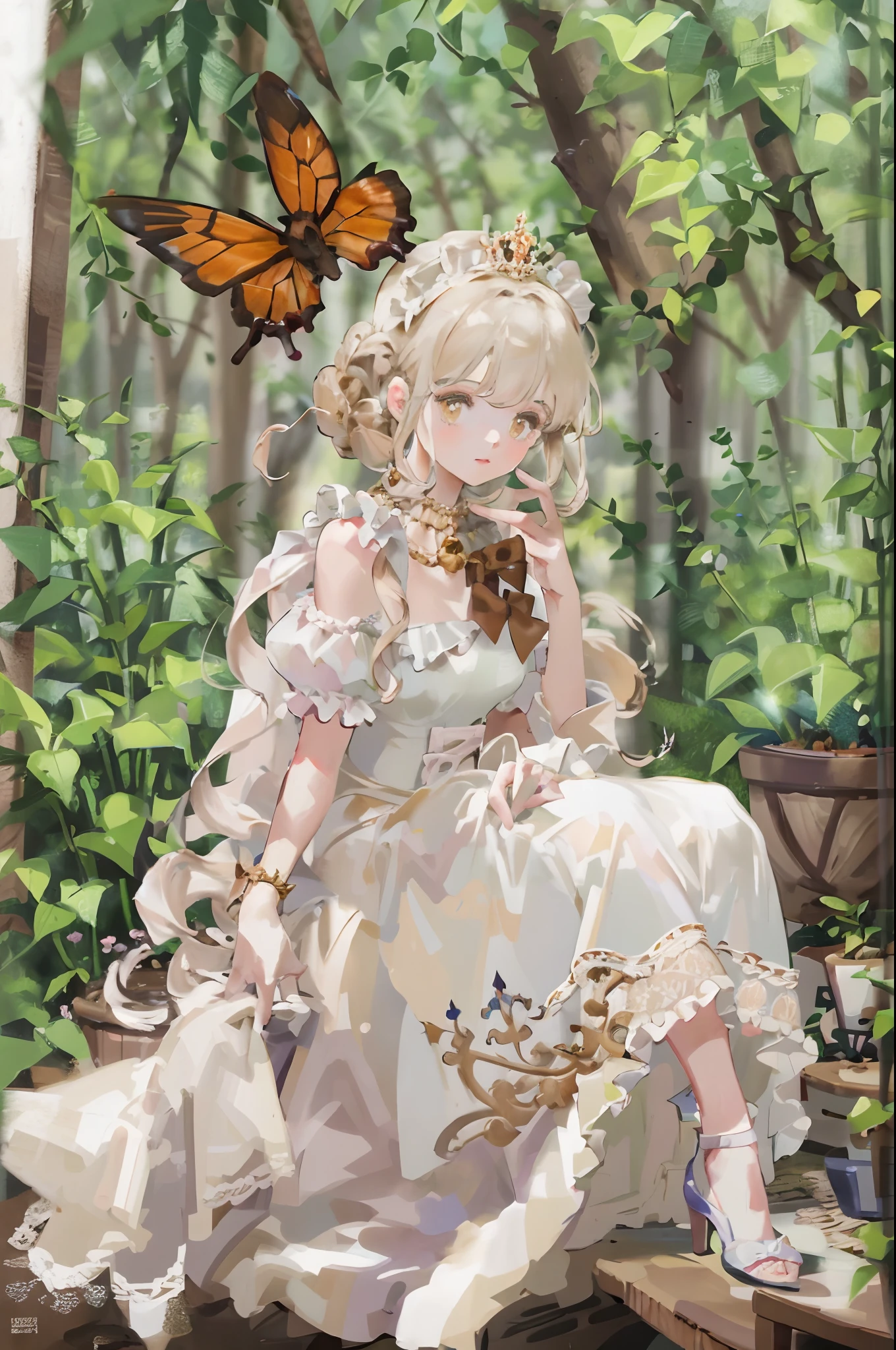 Flying butterflies，Fluttering petals，Fluttering hair，softlighting，soft focus，Hazy picture，Huge stained windows，The windows are transparent，1girll，Golden birdcage，Thorny vines，Red butterfly，mitts，（very intricate），Exquisite，Complex hairstyles，long  skirt，RococoStyle，Bow knot，Cross straps，Gorgeous dress，Large skirt，frilld，Love decoration，（Elegant vintage clothing design），rosette，whaite hair，long  white hair，The brightness of the picture is high，Low contrast，The overall feeling is like an oil painting，trpical garden，Close-up，Close-up Shot Shot，Pedras preciosas，jewelled headdress，pearls necklace