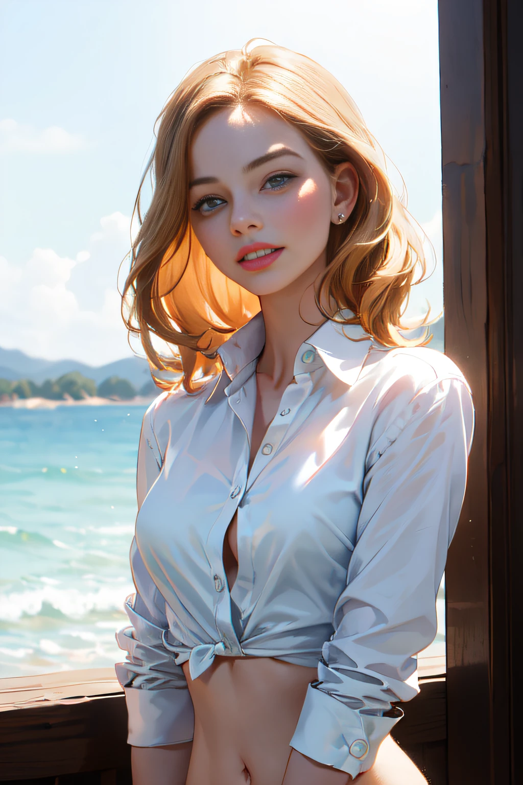 (8K, highest quality, highest quality, masterpiece, very detailed: 1.2),

1 girl, upper body, woman looks like (Margot Robbie), boyfriend wearing shirt and panties, (naked shirt, shirt pulling), shy, half-laughing, noon, from below