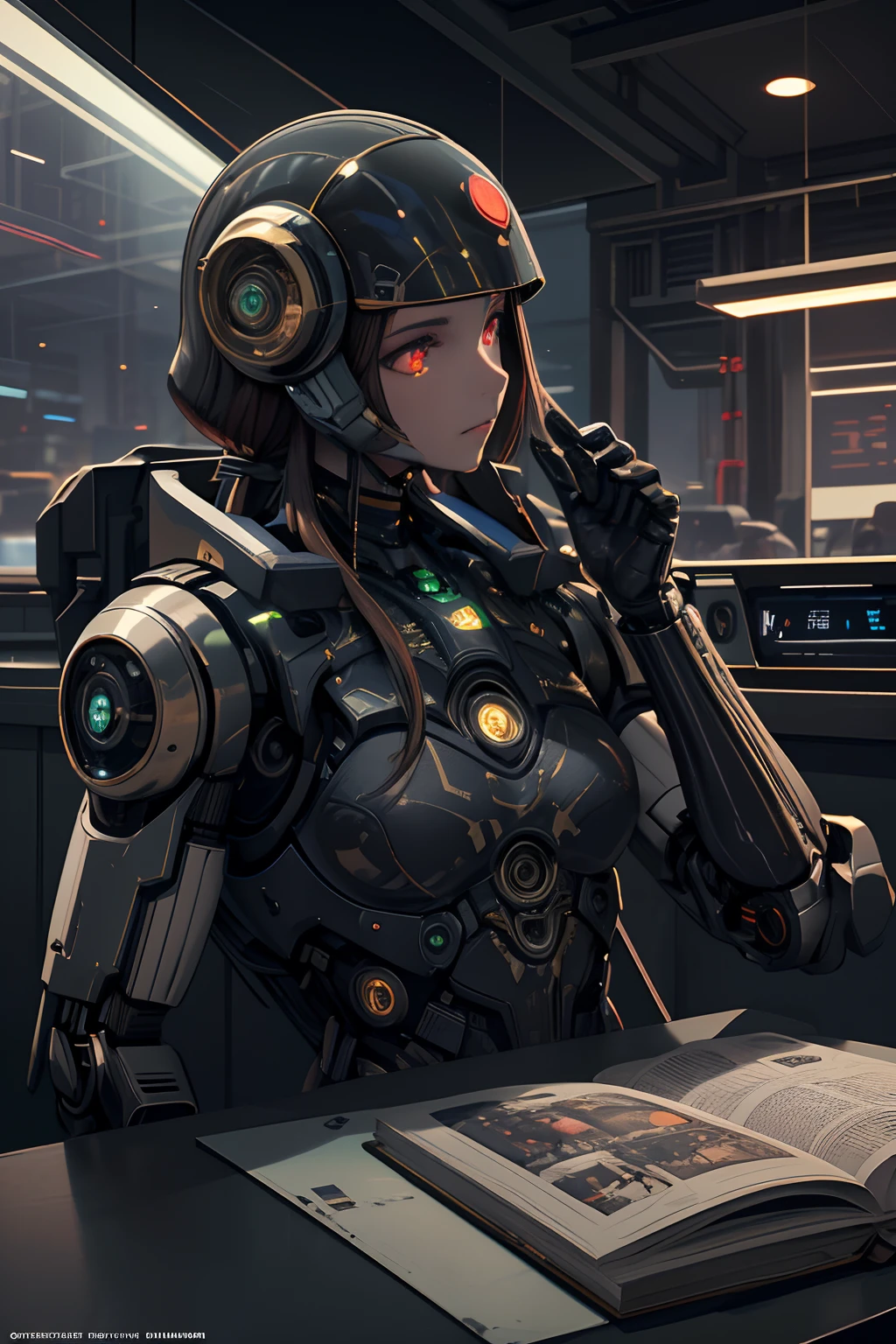 a close up of a mshn robot , futobot, cyborg , wearing cyberhelmet, 6 glowing eyes , white female body and armor, mshn factory, tubes connected to neck, neon light
photorealistic, masterpiece, best quality, 35mm film, film grains, cyberpunk,EbonyGoldAI