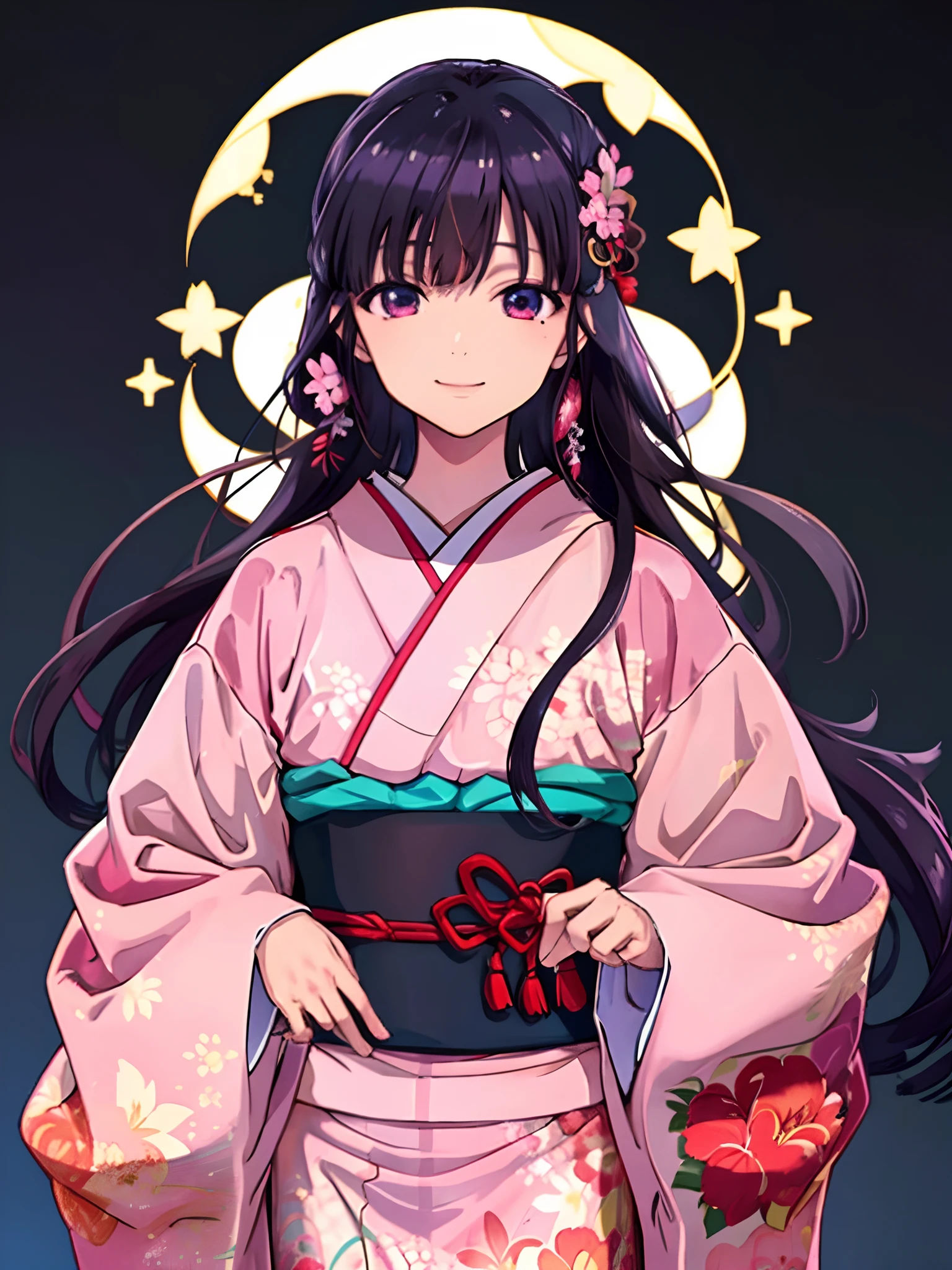 Miyo Nishimori, 1girl in, Solo, Looking at Viewer, wave her hand, Hand up, Smile,  Pink kimono, komono, sash, Hair Ornament, Long sleeves, Hair Flower, Wide sleeves, starryskybackground, Detailed background,