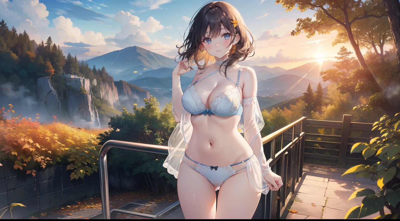 Full size adult woman, blue brown hair color, full height, light blue eyes, smiling, mouth, lips, wearing transparent, hand holding handrail, ahageo-shaped grimace, white panties, bra, white skin color, legs thick, Thick thighs, Fringe, bra with lace underwire, side locks, mountain, yellow leaves on the trees, background scenery, sunset, sunlight, beautiful afternoon, clouds, wind in the hair, leaves flying, details in the environment, more vivid colors, saturated effect