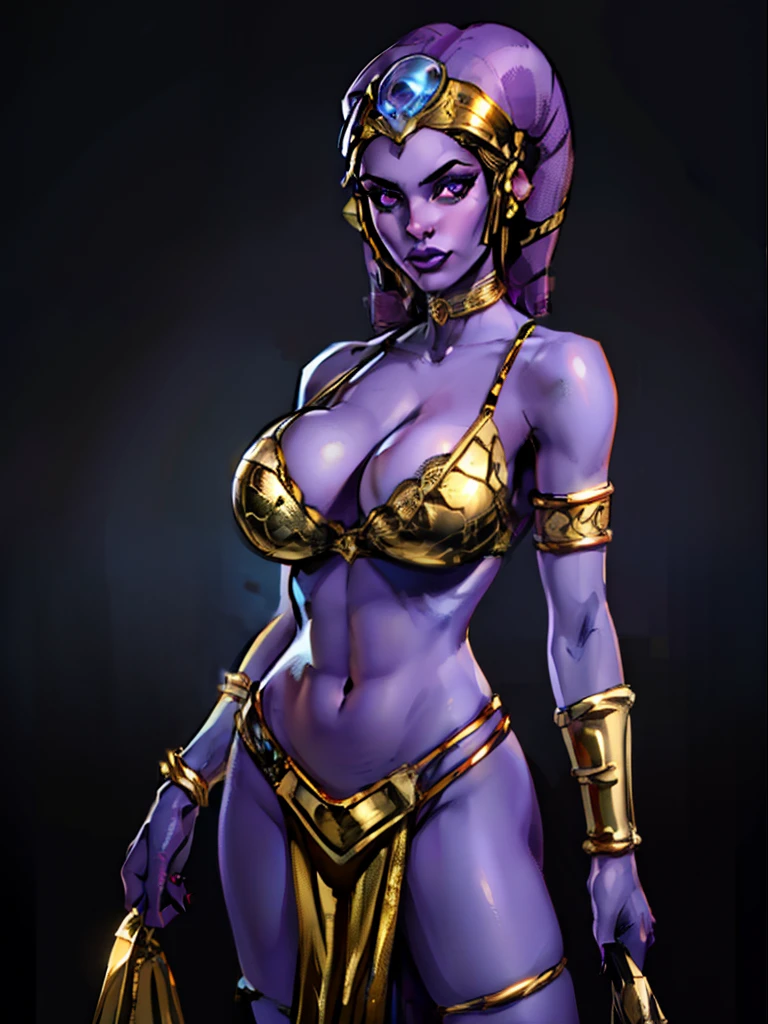 (best quality, masterpiece, highly detailed), 1girl, (purple skin), sexy busty Twi'lek, large breasts, (skindentation, cleavage), looking at viewer, gold and black bikini, gold, ornate metal bra, metal lace, gemstones, jewelry, long skirts, armlets, pelvic curtain, Star Wars, lekku stripes