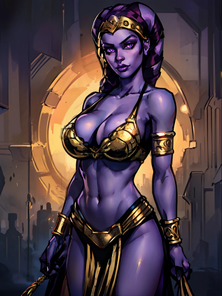 (best quality, masterpiece, highly detailed), 1girl, (purple skin), sexy busty Twi'lek, large breasts, (skindentation, cleavage), looking at viewer, gold and black bikini, gold, ornate metal bra, metal lace, gemstones, jewelry, long skirts, armlets, pelvic curtain, Star Wars, lekku stripes
