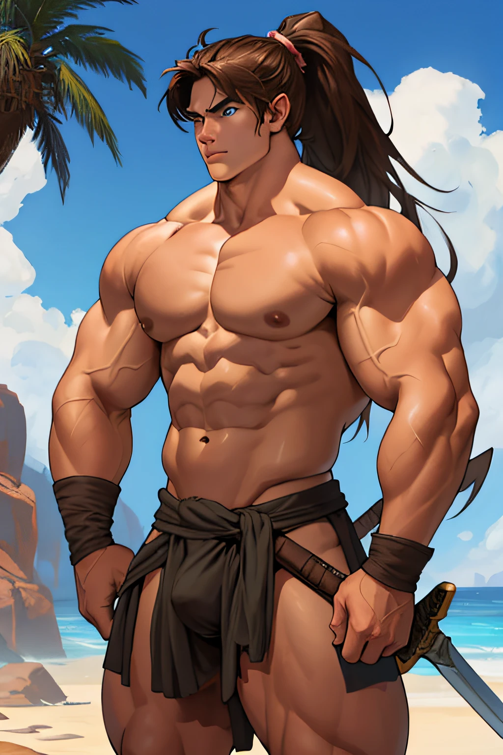 Conan Exiles Style, standing, facing forward young warrior () (young face) with a sword, weapon in right hand, ready to fight, top rated pixiv, shirtless, 500 lbs, front view, even shoulders, perfect muscles, inflated muscles, muscular body, a gigantic chest with a narrow waist, huge shoulders, ridiculously well-shaped large pecs, eight chiseled abs, arms as thick as trunks and formidable thighs. (heavily toned and huge) narrow waist, barbarian, brown hair, ponytail hair, white sclera, blue eyes (detailed eyes), D&D character, brave warrior, human, handsome face, young face, skill image, bulge, rocky desert behind him, sunny day, few clouds in the sky, looking at the viewer, breaking the fourth wall