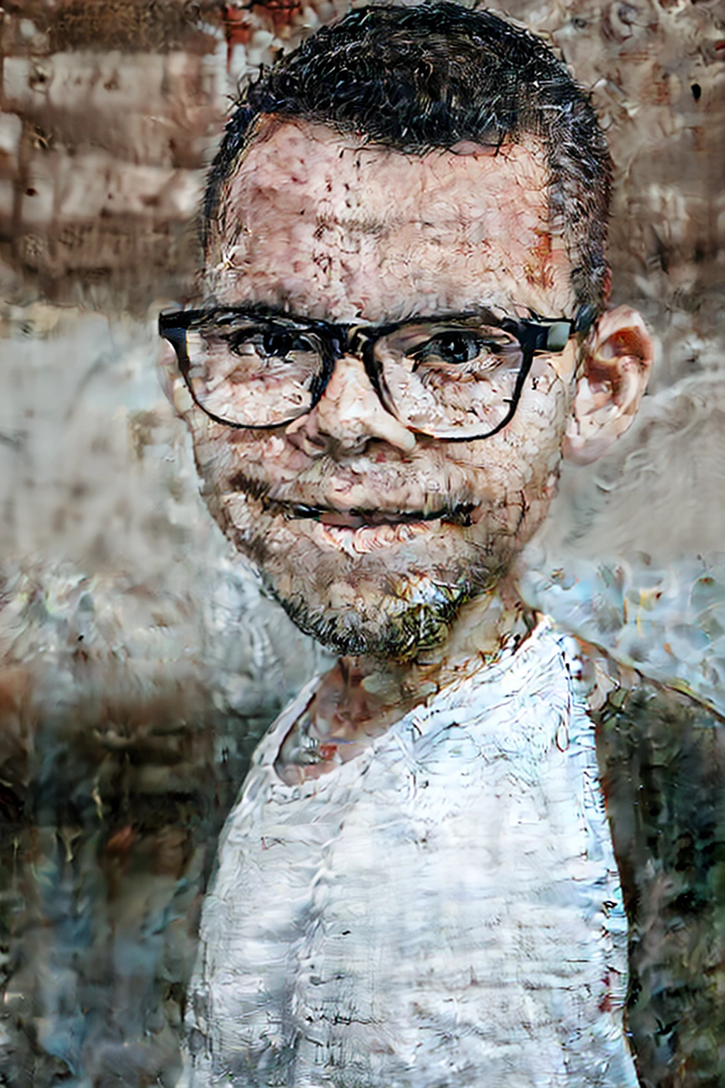 guttonervision8, RAW photo, two tone light, professional photoportrait, closeup of a boy 3y.o wearing glasses, upper body, centered, city in background, (highly detailed skin, full sharp:1.2)