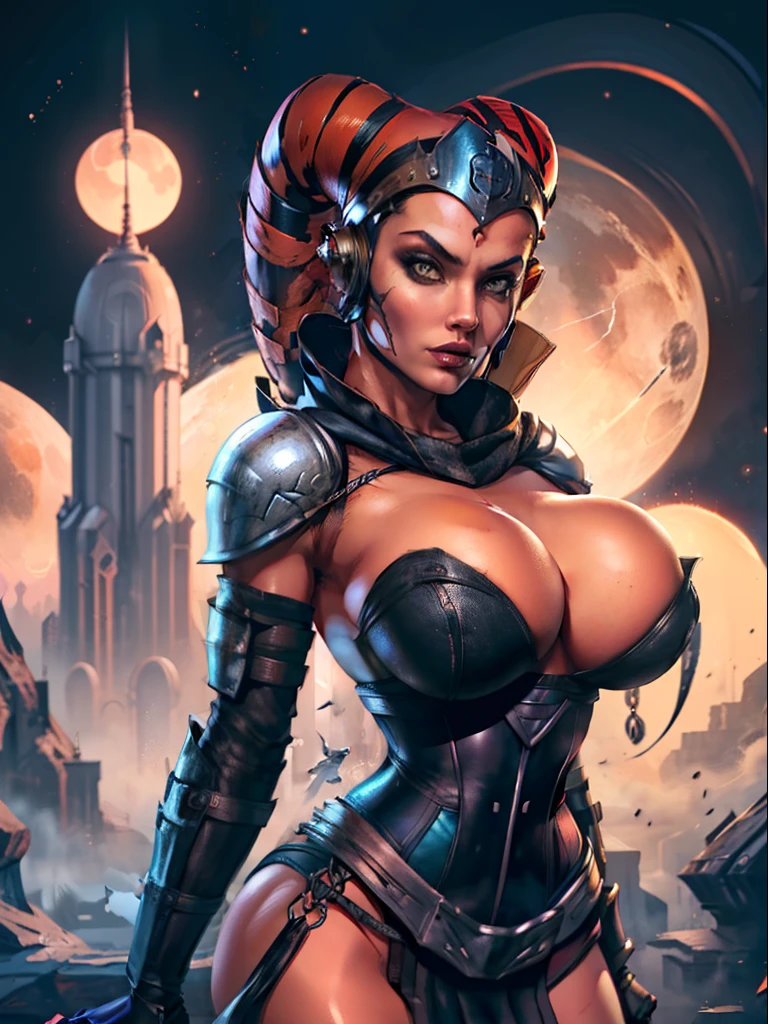 Sexy big tits Twi'lek, lithe body, massive tits, gigantic boobs, busty, thin, athletic, ((red skin), twi'lek), evil space knight, space ninja, (wearing (((modest))) loose black tunic, cowl, cloak, gloves, leggings, straps, buckles, corset, long skirts, long sleeves, fantasy, ((armor))), ((busty), slender body, thin, slim sexy body, slim waist, ((huge breasts))), Imperial starship, Star Wars,