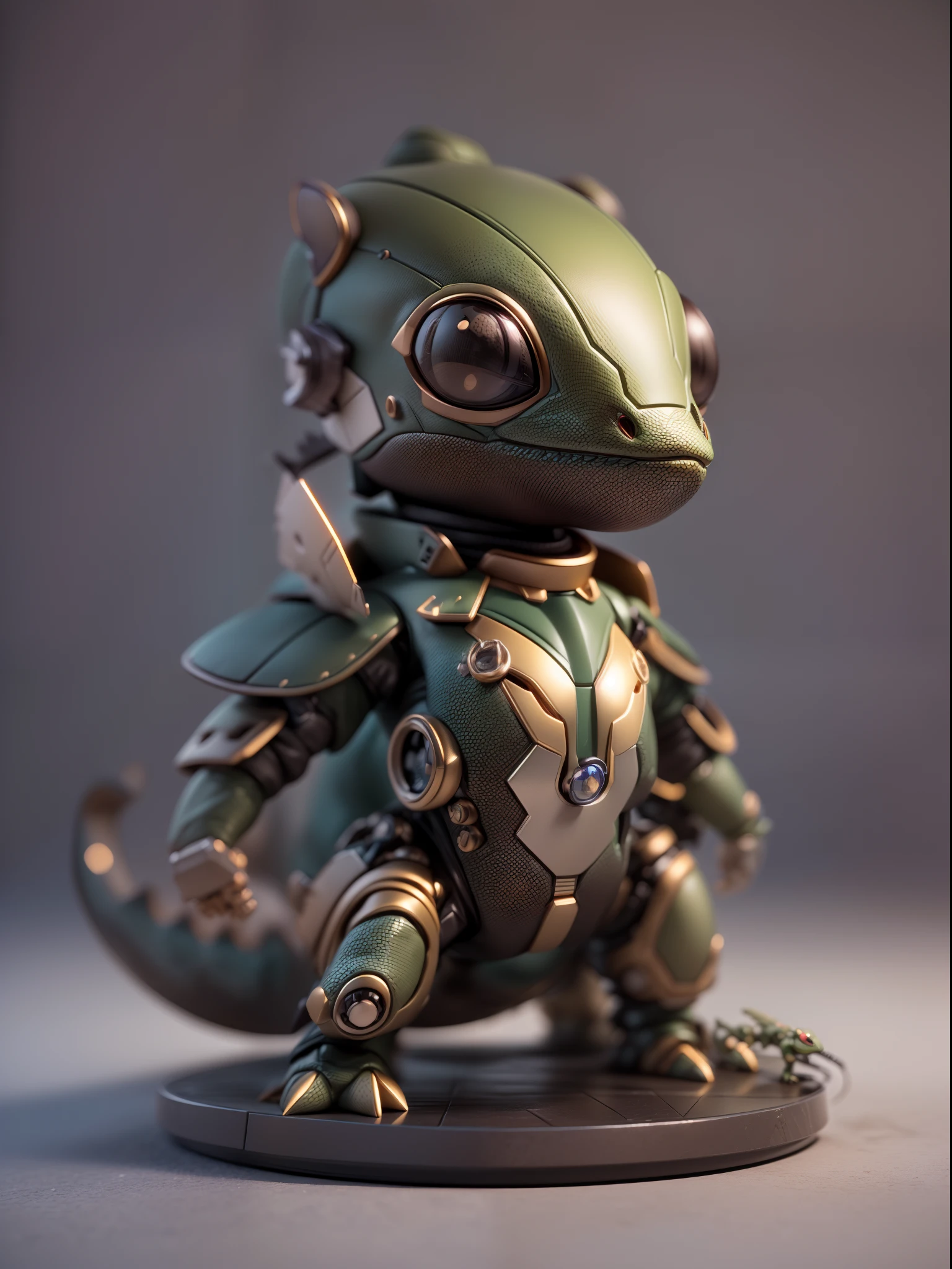(Blind box toy style:1.3),((Full body shot))(anthropomorphism) , (1 strong lizard mecha warrior)(((solo))) metal mecha,dreamy glow, Clean dark background,Brown black style,(circular base)( Global illumination, Ray tracing, hdr, unreal render,reasonable design, high detail, Masterpiece, Best quality, hyper HD, Cinematic lighting)