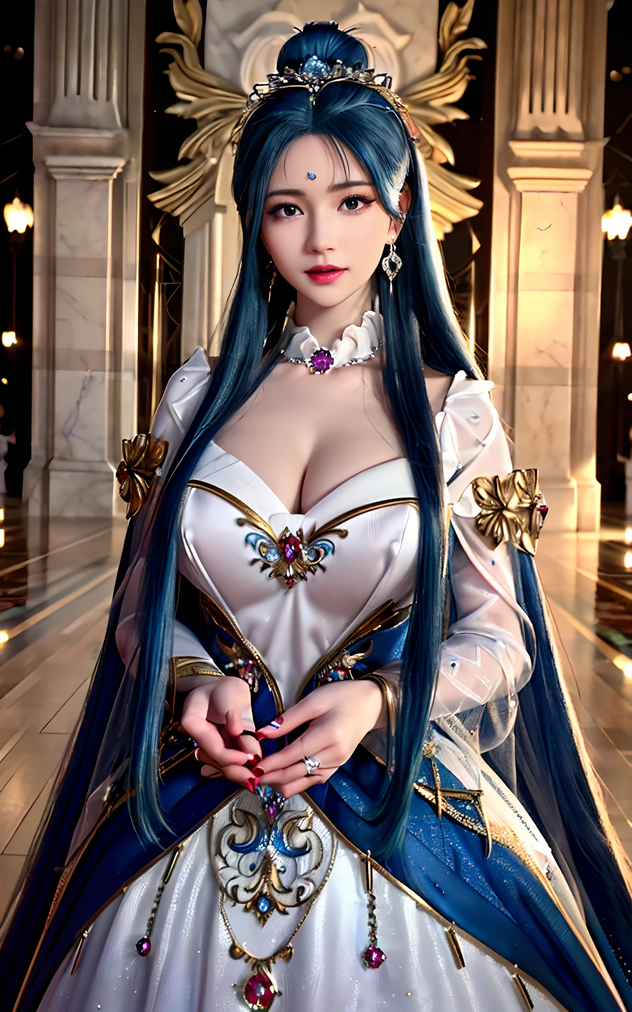 ((realisticity: 1.2)), ((realistic: 8K UHD)), ((best resolution: 8K UHD)), hyper detailed, best quality,masterpiece,highres,cg, ((1 girl hyper detailed and hyper realistic) ) , ((beautiful queen, hyper realistic and hyper detailed)),((white skin, beautiful, smooth, youthful, hyper realistic and hyper detailed )), ((Face hyper beautiful, white, hyper realistic and hyper detailed ) ), long hair, ((hyper realistic and hyper detailed dress)), solo, ((hyper realistic, hyper beautiful, beautiful and hyper detailed jewelry)), ((hyper beautiful deep red and golden yellow dress, hyper realistic and hyper detailed )) , ((Her pretty, hyper realistic, hyper detailed diamond filled earrings)), ((Her gorgeous diamond haircut, hyper realistic and hyper detailed)), ((hyper pretty upper body, hyper beautiful, hyper realistic and hyper detailed) ), ((medium breast: 1.5)), ((hyper realistic, hyper pretty, hyper detailed boobs)),   ((the backgroun of the royal palace is hyper majestic, hyper realistic and hyper detailed)),((hands and palms hyper beautiful, hyper detailed, hyper realistic)), ((hyper pretty, hyper pretty, hyper realistic and hyper detailed hair bun)), ((hyper pretty , hyper realistic and hyper detailed blue hair)), candid, Photo, high resolution, 8k , bokeh,