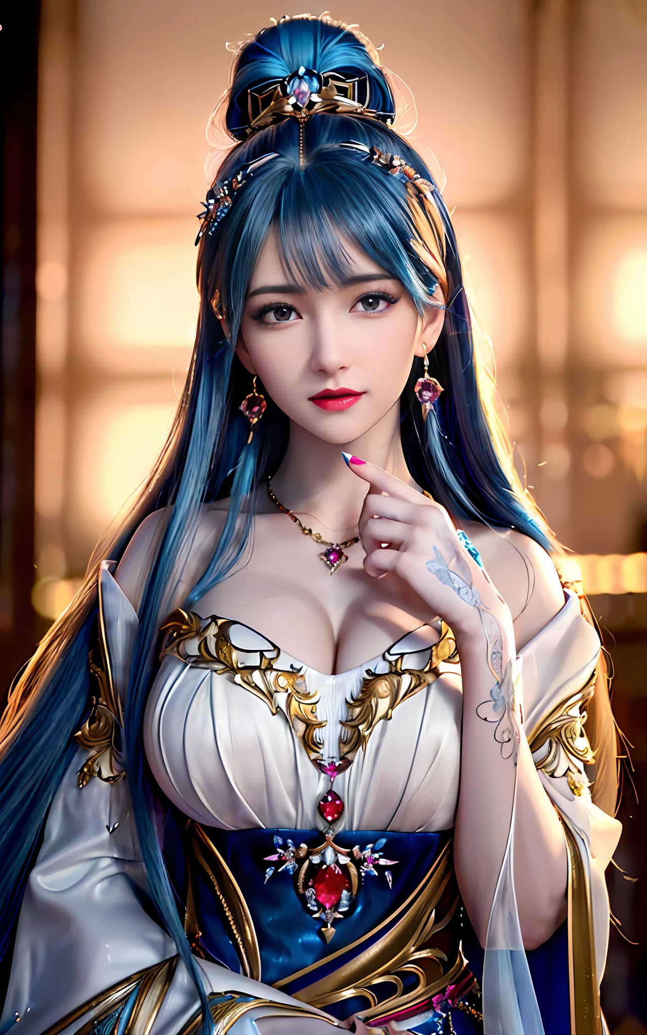 ((realisticity: 1.2)), ((realistic: 8K UHD)), ((best resolution: 8K UHD)), hyper detailed, best quality,masterpiece,highres,cg, ((1 girl hyper detailed and hyper realistic) ) , ((beautiful queen, hyper realistic and hyper detailed)),((white skin, beautiful, smooth, youthful, hyper realistic and hyper detailed )), ((Face hyper beautiful, white, hyper realistic and hyper detailed ) ), long hair, ((hyper realistic and hyper detailed dress)), solo, ((hyper realistic, hyper beautiful, beautiful and hyper detailed jewelry)), ((hyper beautiful deep red and golden yellow dress, hyper realistic and hyper detailed )) , ((Her pretty, hyper realistic, hyper detailed diamond filled earrings)), ((Her gorgeous diamond haircut, hyper realistic and hyper detailed)), ((hyper pretty upper body, hyper beautiful, hyper realistic and hyper detailed) ), ((medium breast: 1.5)), ((hyper realistic, hyper pretty, hyper detailed boobs)), ((the backgroun of the royal palace is hyper majestic, hyper realistic and hyper detailed)),((hands and palms hyper beautiful, hyper detailed, hyper realistic)), ((hyper pretty, hyper pretty, hyper realistic and hyper detailed hair bun)), ((hyper pretty , hyper realistic and hyper detailed blue hair)), candid, Photo, high resolution, 8k , bokeh,
