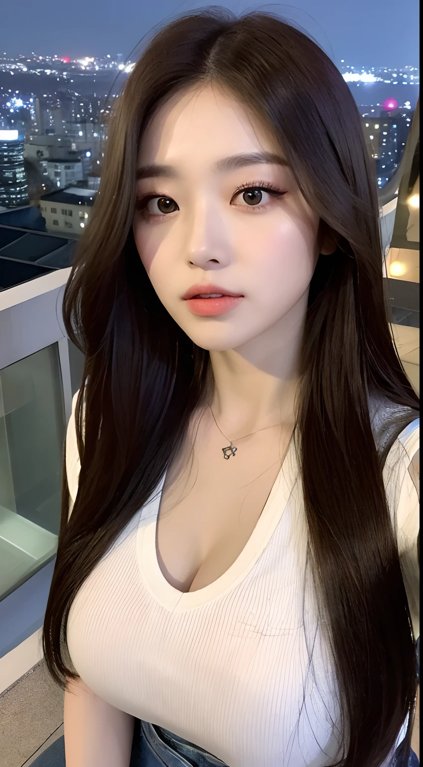 ((Midnight, Best quality, 8k, Masterpiece :1.3)), Whole body, Long legs, Sharp focus :1.2, A pretty woman with perfect figure :1.4, Slender abs :1.1, ((Dark brown hair,Gigantic breasts :1.2)), (White tight tshirt, Jean bib, Standing:1.2), ((Night city view, Rooftop:1.3)), Highly detailed face and skin texture, Detailed eyes, Double eyelid