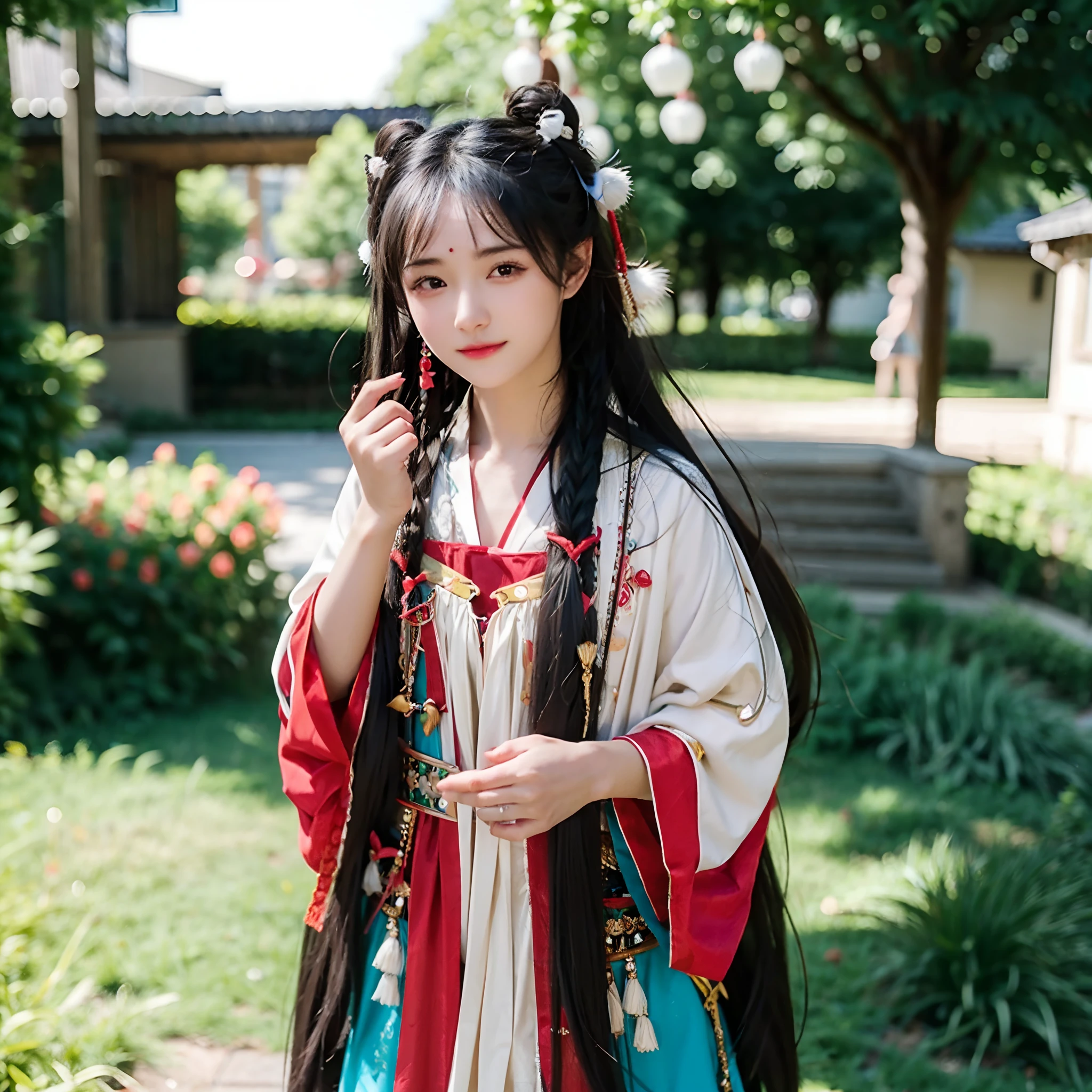 Kizi,largeeyes,Long hair that hangs naturally,heart shape eye,adorned in majestic attire,shairband,trinkets,streetview,真实感,Detailed photos of photography。