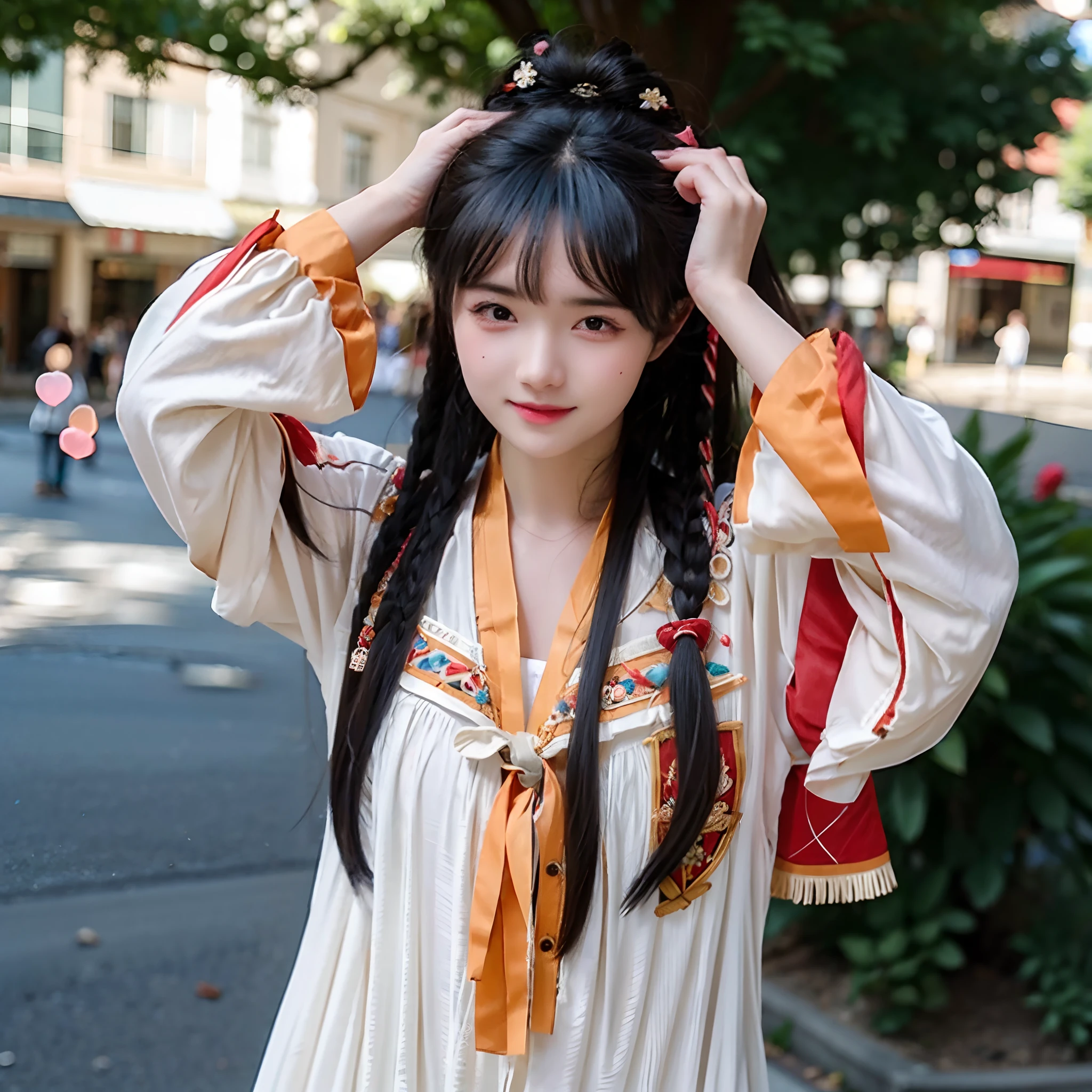 Kizi，largeeyes，Long hair that hangs naturally，heart shape eye，adorned in majestic attire，shairband，trinkets，streetview，真实感，Detailed photos of photography。