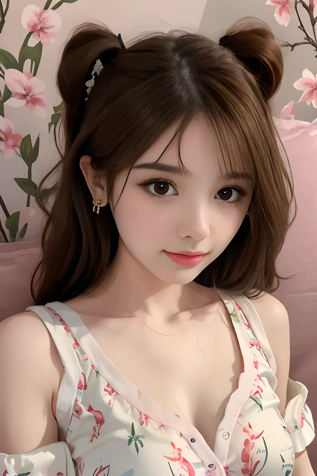 Best quality, masterpiece, super high resolution, (realistic: 1.4), original photo, 1 girl, hairpins, earrings, jewelry, brown hair, looking at the viewer, lips, playful, silk pajamas printed with cute bear pattern, full body photo