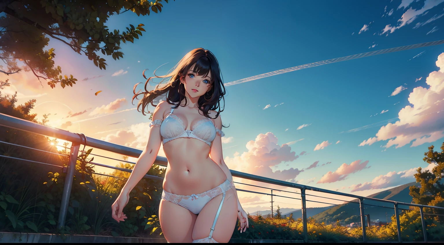 Full size adult woman, blue brown hair color, full height, light blue eyes, smiling, mouth, lips, wearing transparent, hand holding handrail, ahageo-shaped grimace, white panties, bra, white skin color, legs thick, Thick thighs, Fringe, bra with lace underwire, side locks, mountain, yellow leaves on the trees, background scenery, sunset, sunlight, beautiful afternoon, clouds, wind in the hair, leaves flying, details in the environment, more vivid colors, saturated effect