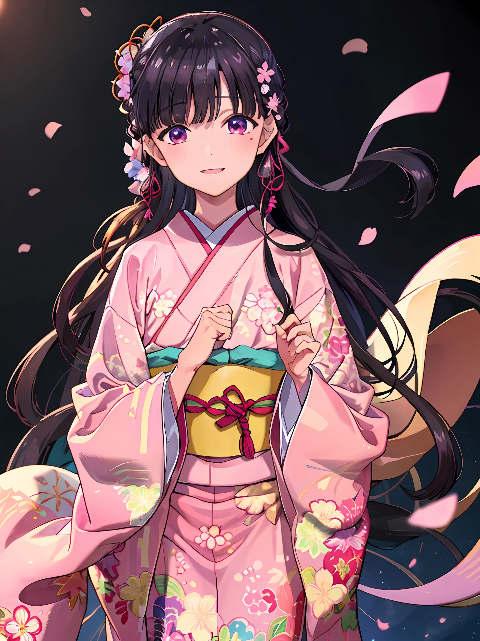 Miyo Nishimori, 1girl in, Solo, Looking at Viewer, wave her hand, Hand up, Smile,  Pink kimono, komono, sash, Hair Ornament, Long sleeves, Hair Flower, Wide sleeves, starryskybackground, Detailed background,