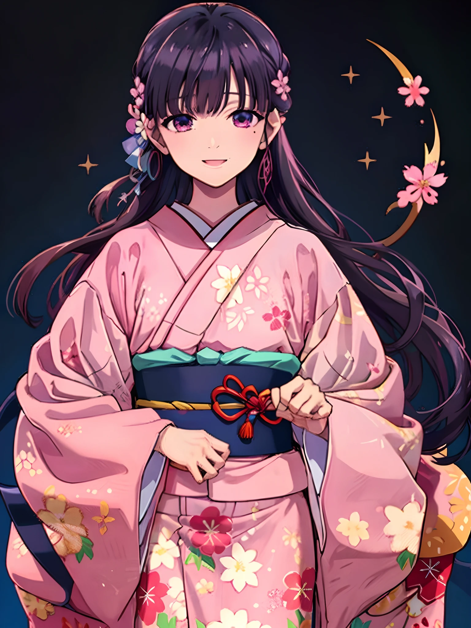 Miyo Nishimori, 1girl in, Solo, Looking at Viewer, wave her hand, Hand up, Smile,  Pink kimono, komono, sash, Hair Ornament, Long sleeves, Hair Flower, Wide sleeves, starryskybackground, Detailed background,