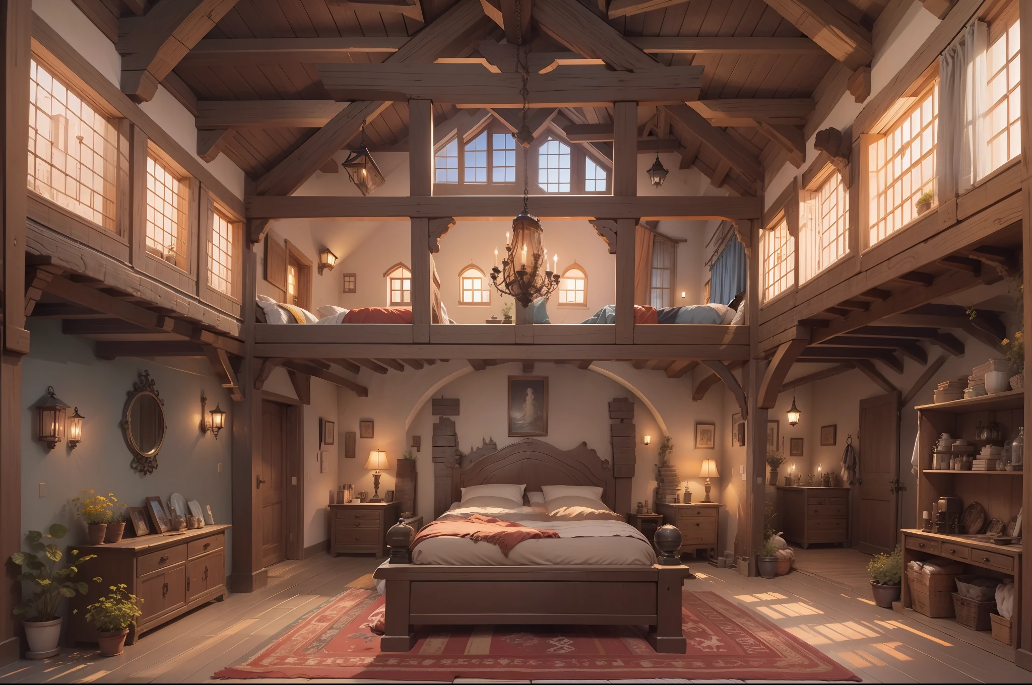 Buildings with wooden beams,, liang, Wooden support, interior view,、Ghibli、hiquality、medieval times、Western style、Italian style、There is no window in the back、There are no people、Silence、The dim、fish-eye lens、in isekai、leisure、unmanned、no Animal、No humans、No lamp、Private、No humans、It features a simple、old、poverty、Vanishing point on the right、Right diagonal、Animated background of the interior of a medieval inn, Fantasy,Italy、Spain、unmanned、Silence、chandelle、candelabra、Rugged construction、No humans、oud、No person、inn、a bed、One small window、No door、garret