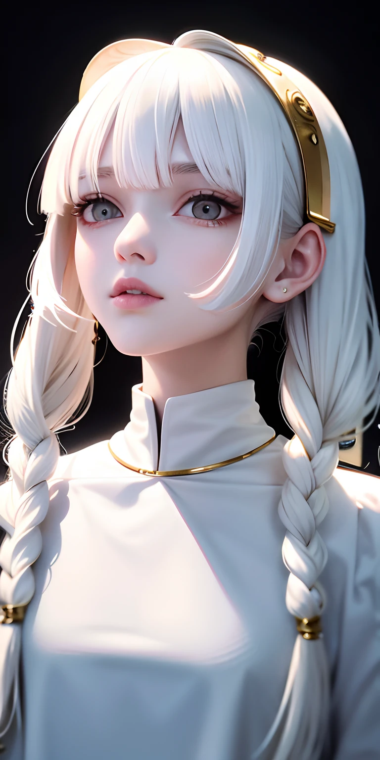 best quality, masterpiece,white hair, gold eyes,white clothes, looking up, upper body,hair strand,Fair skin,side braids